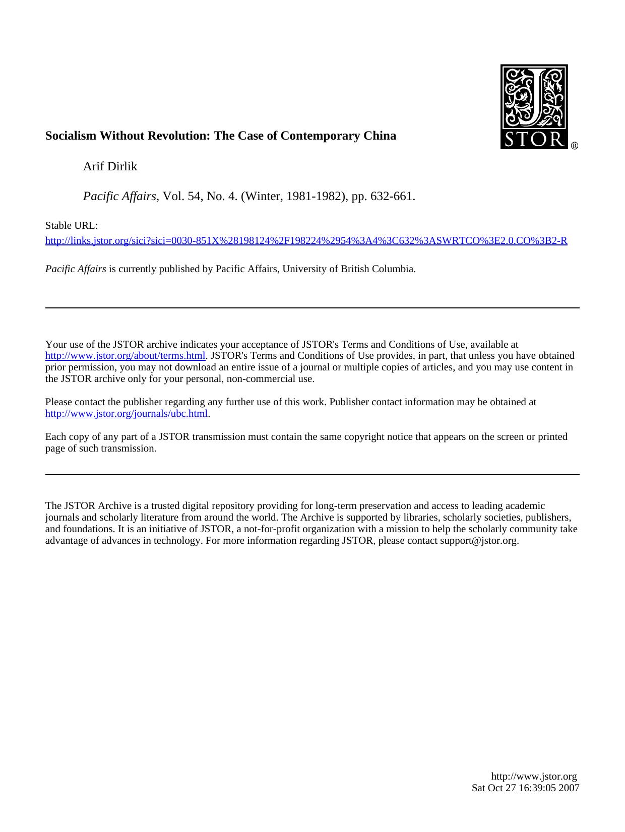 Dirlik - Socialism without Revolution by The Case of Contemporary China