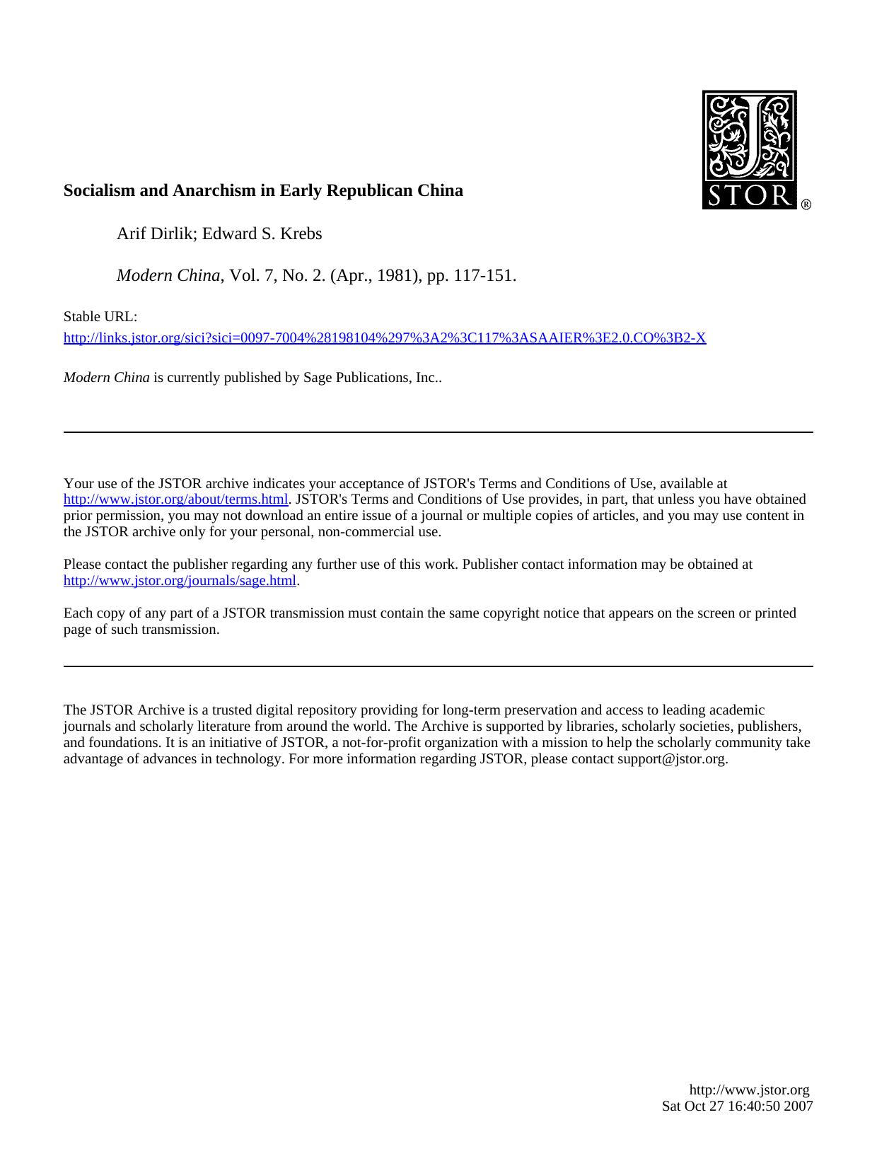 Dirlik and Krebs by Socialism & Anarchism in Early Republican China