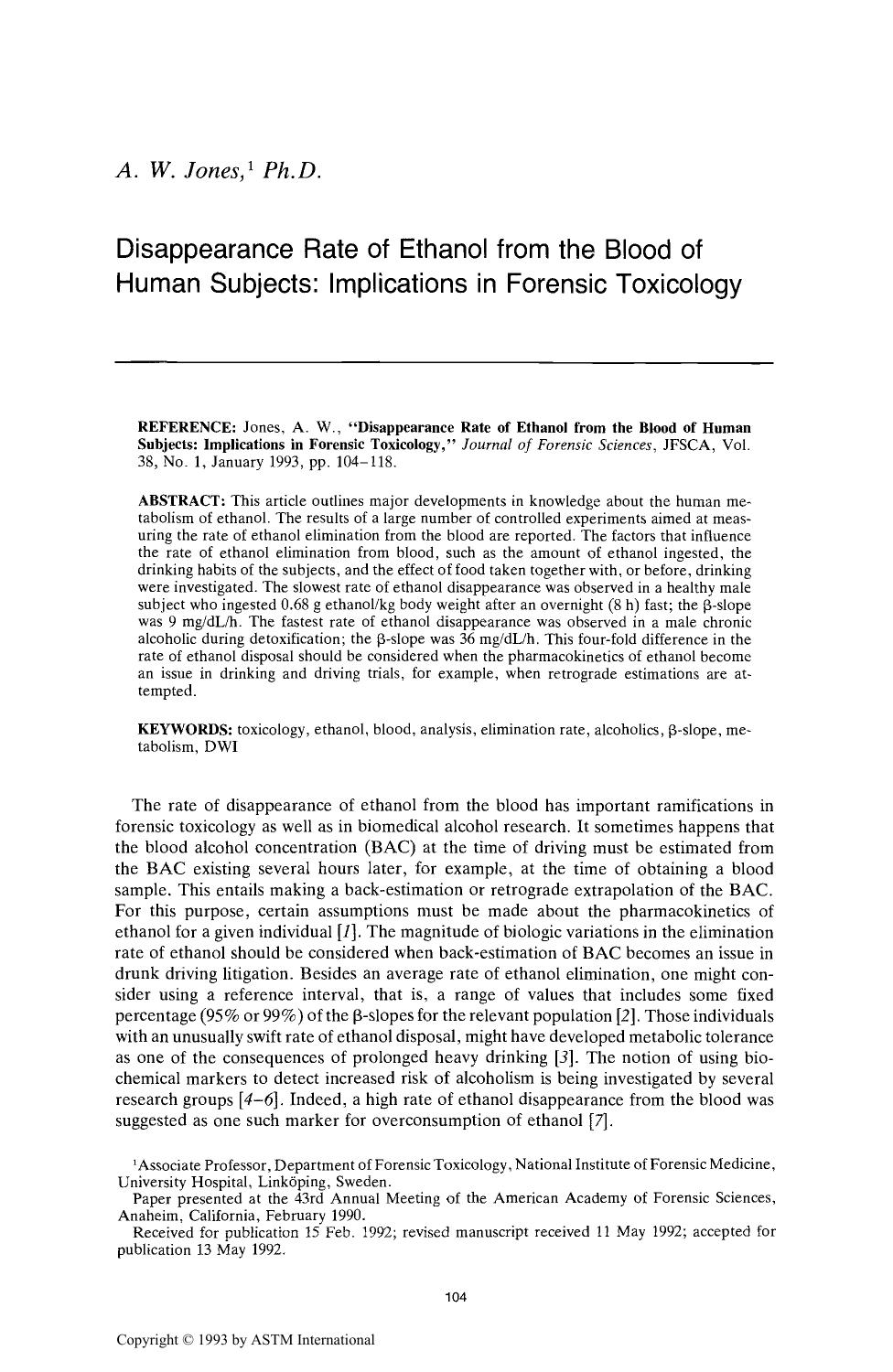 Disappearance Rate of Ethanol from the Blood of Human Subjects: Implications in Forensic Toxicology by Jones AW