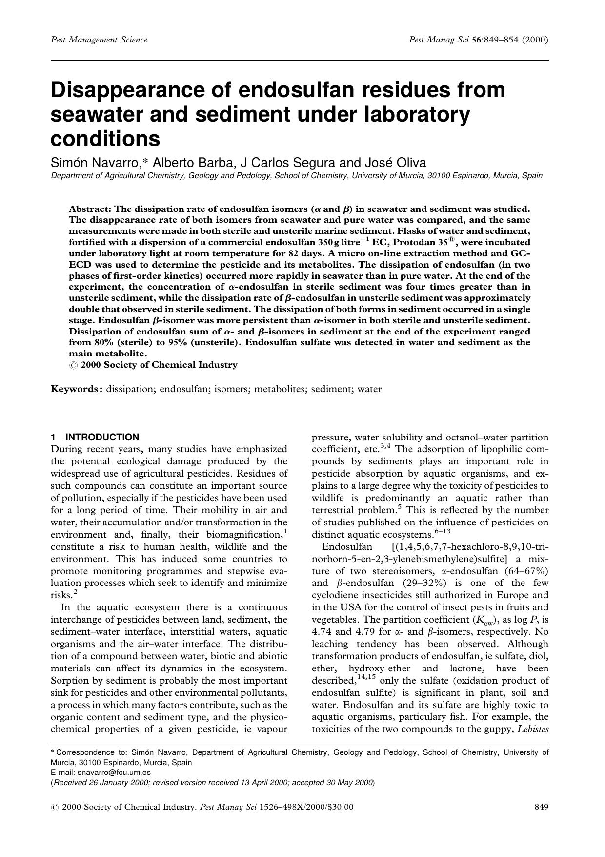 Disappearance of endosulfan residues from seawater and sediment under laboratory conditions by Unknown