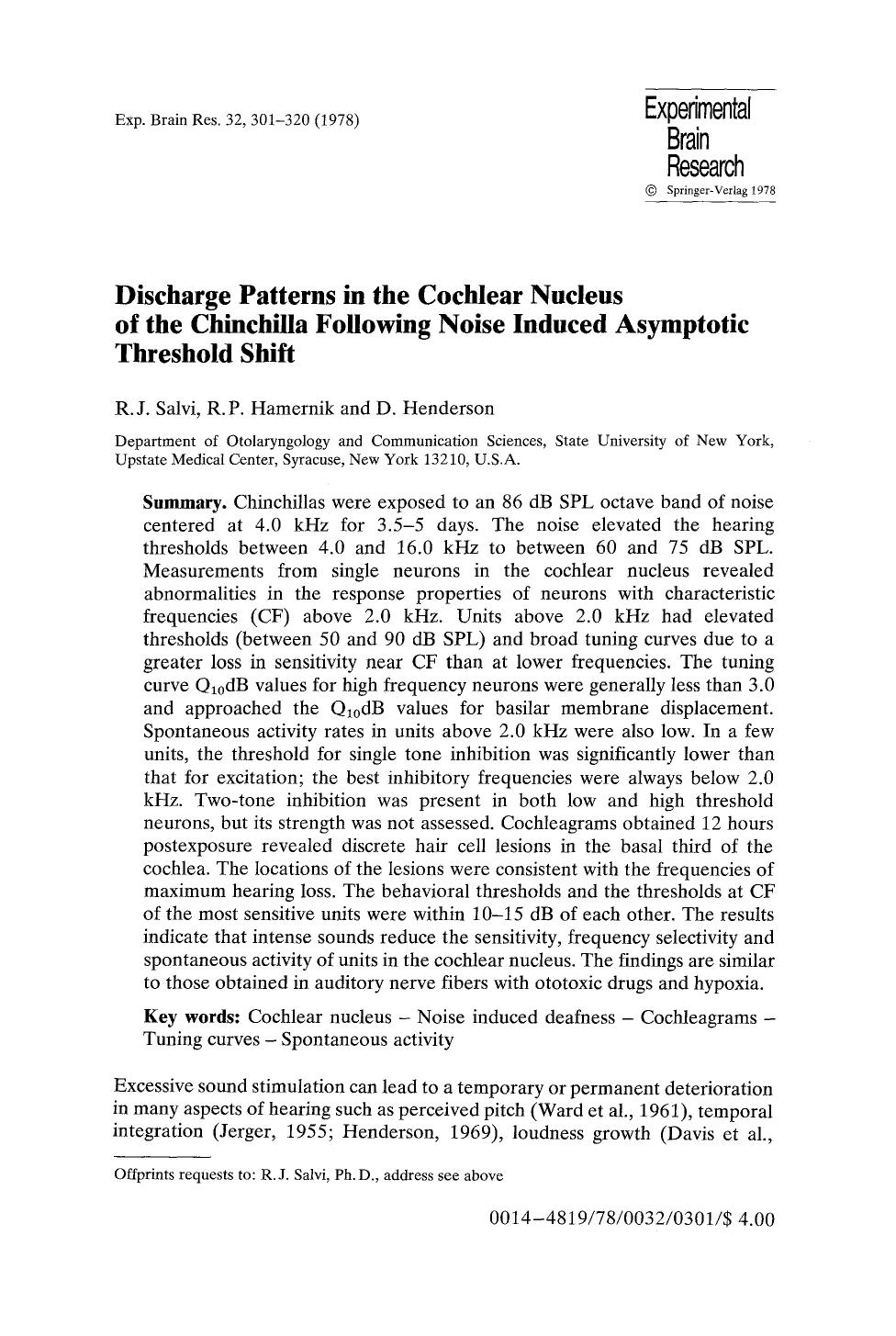 Discharge patterns in the cochlear nucleus of the chinchilla following noise induced asymptotic threshold shift by Unknown