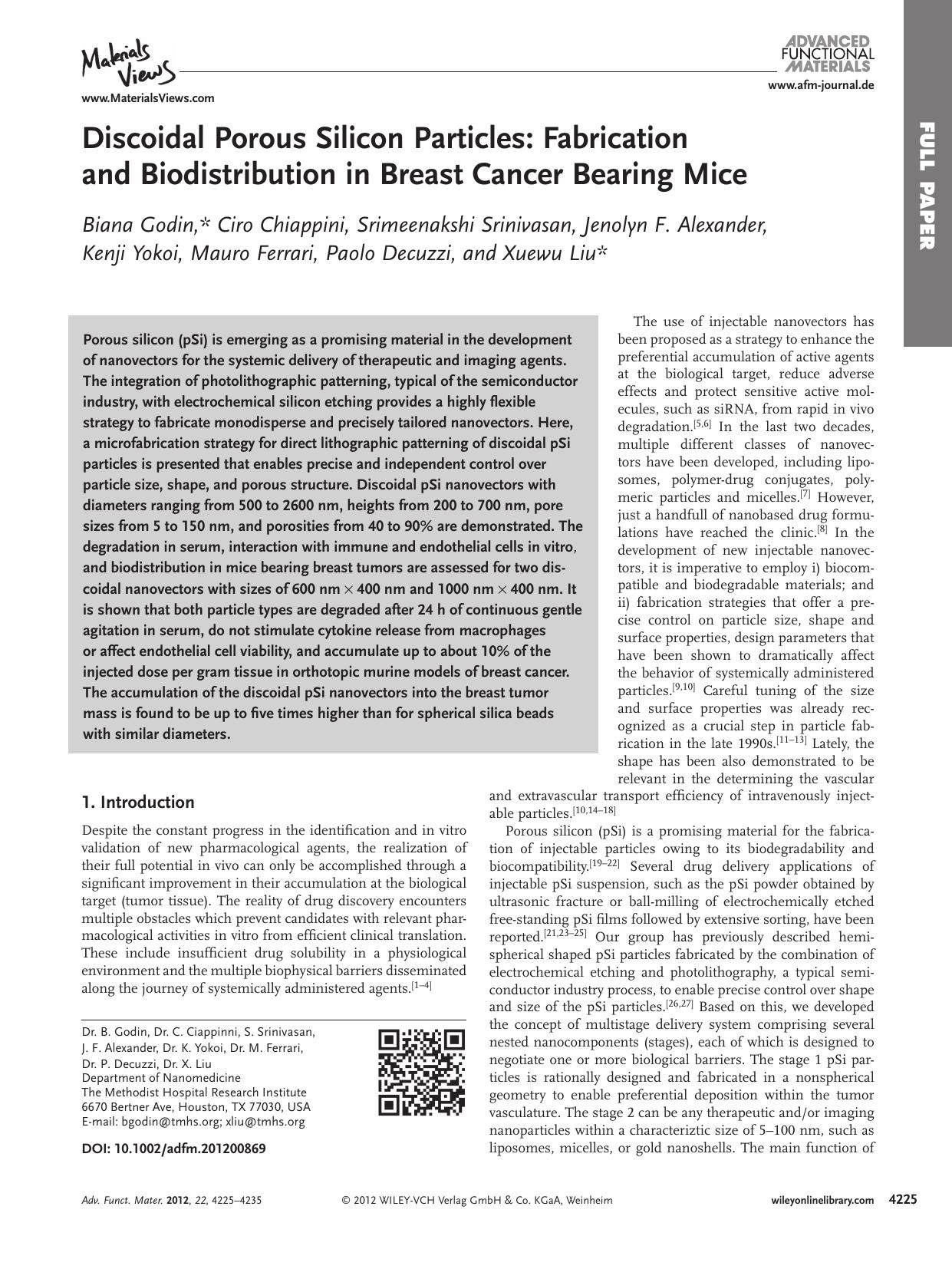 Discoidal Porous Silicon Particles: Fabrication and Biodistribution in Breast Cancer Bearing Mice by vng