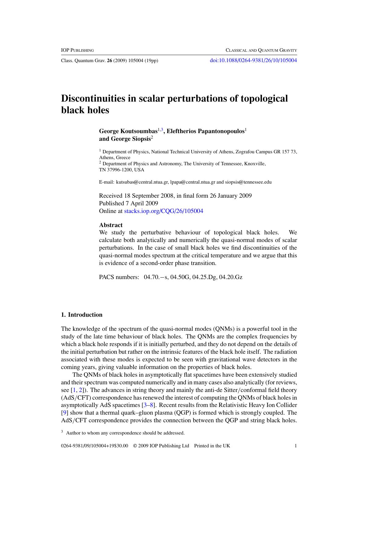 Discontinuities in scalar perturbations of topological black holes by G Koutsoumbas et al