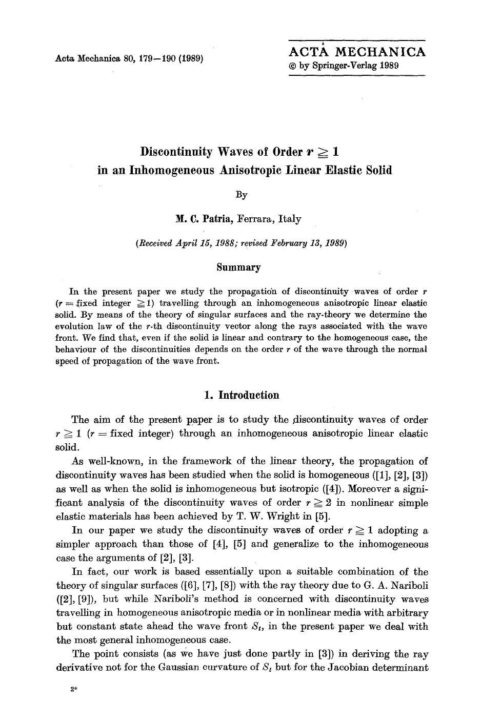 Discontinuity waves of order <Emphasis Type="Italic">r <Emphasis>&#x2267;1 in an inhomogeneous anisotropic linear elastic solid by Unknown