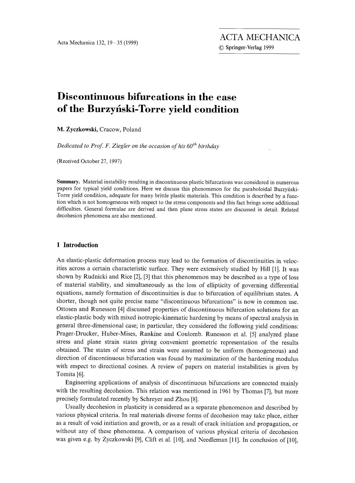 Discontinuous bifurcations in the case of the Burzy&#x0144;ski-Torre yield condition by Unknown