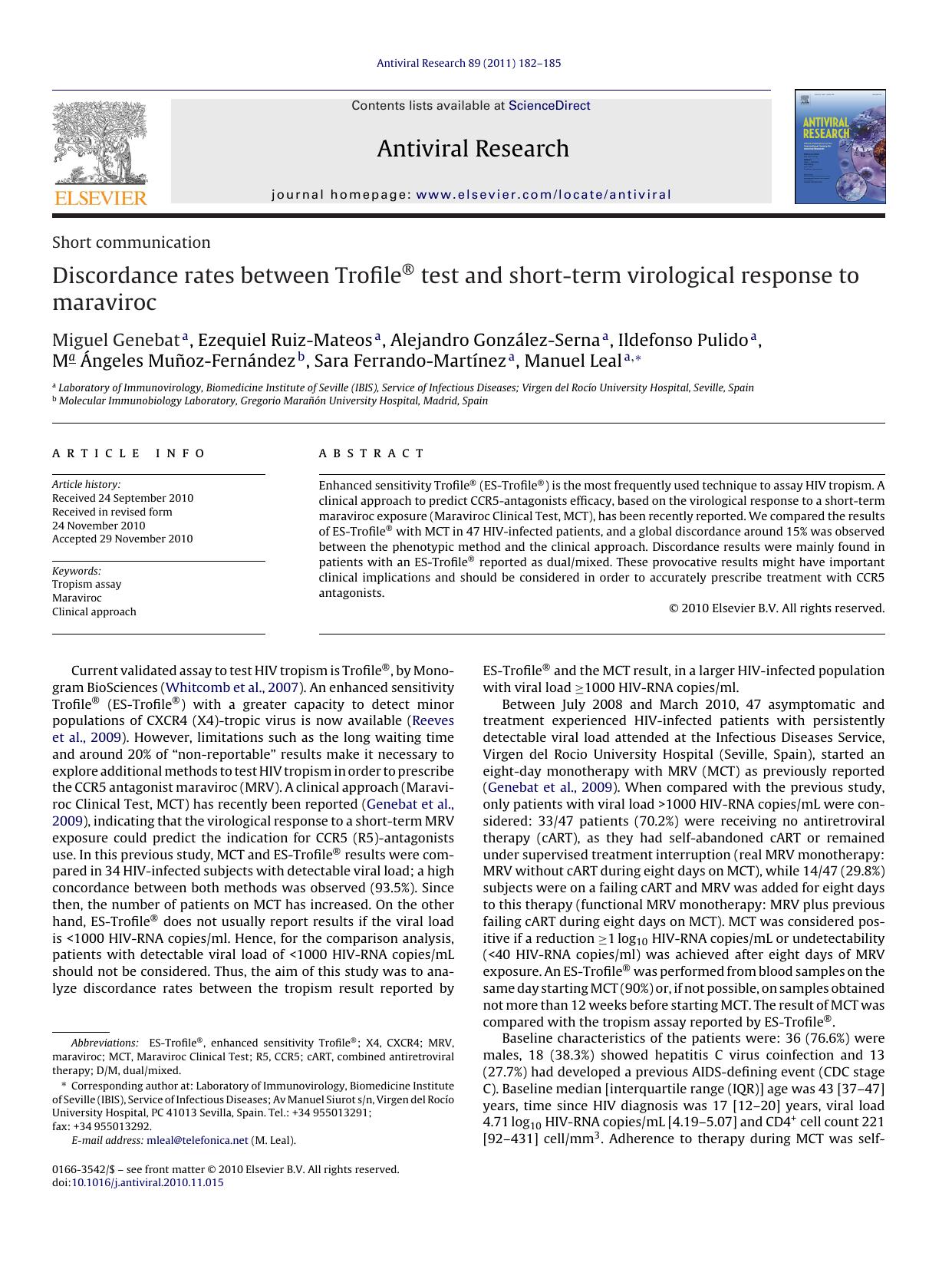 Discordance rates between TrofileÃÂ® test and short-term virological response to maraviroc by Miguel Genebat