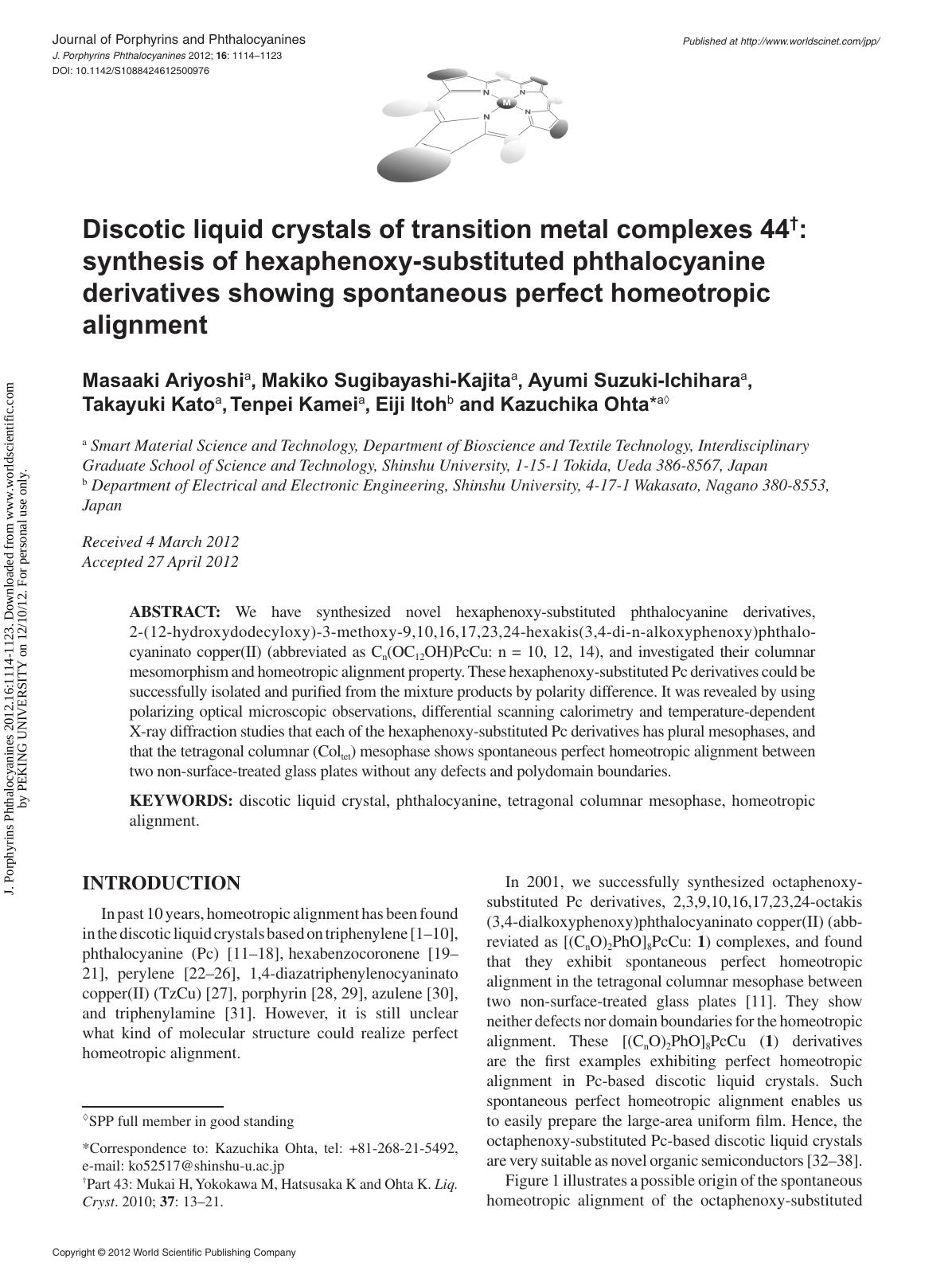 Discotic liquid crystals of transition metal complexes 44: synthesis of hexaphenoxy-substituted phthalocyanine derivatives showing spontaneous perfect homeotropic alignment by unknow