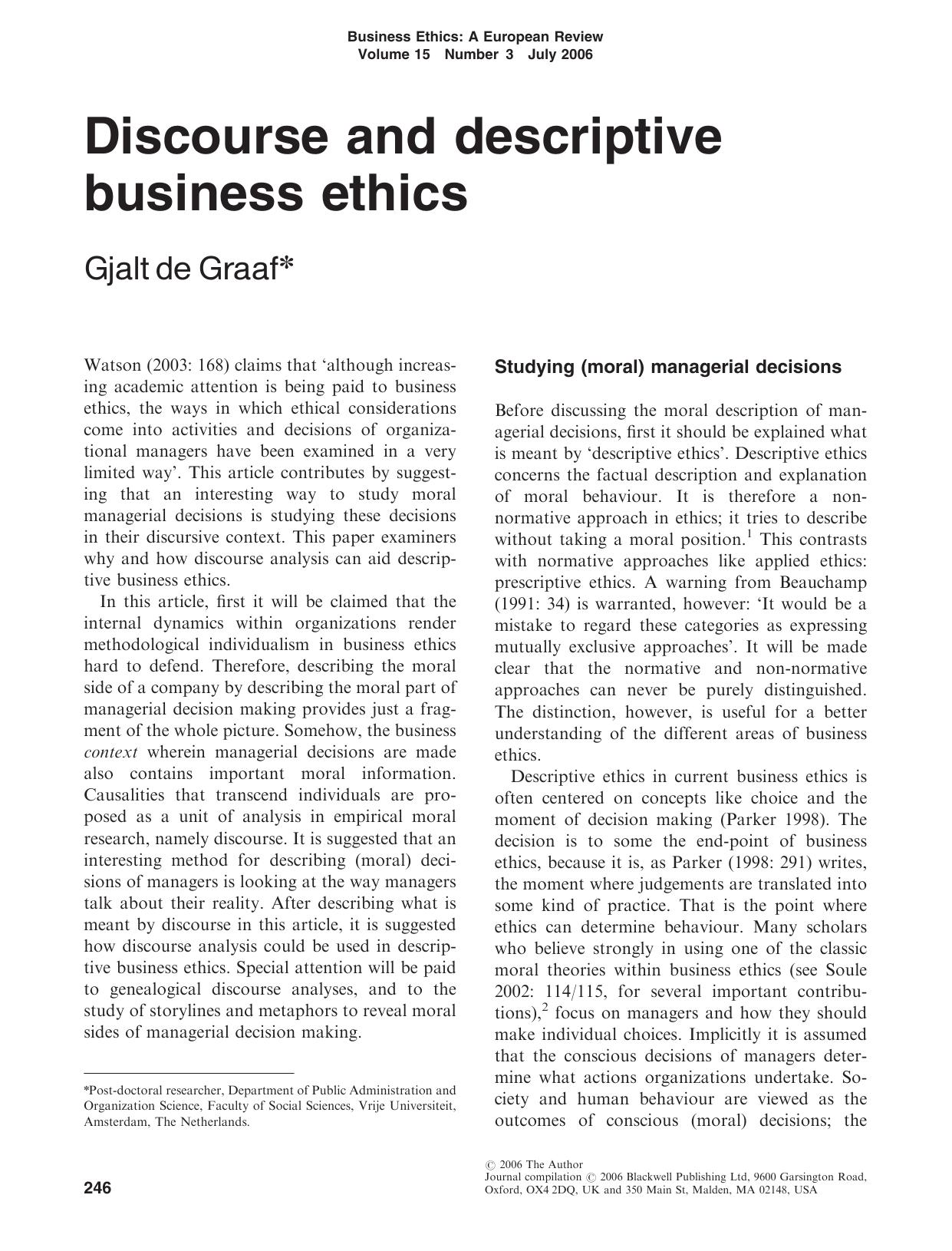 Discourse and descriptive business ethics by Unknown
