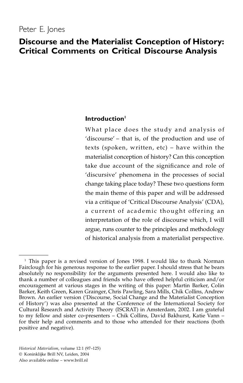 Discourse and the Materialist Conception of History: Critical Comments on Critical Discourse Analysis by Discourse & the Materialist Conception of History. Critical Comments on Critical Discourse Analysis