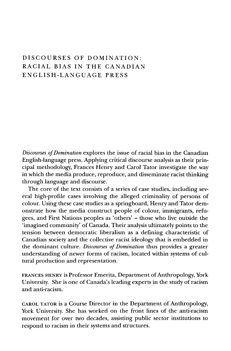 Discourses of Domination: Racial Bias in the Canadian English-Language Press by Frances Henry Carol Tator