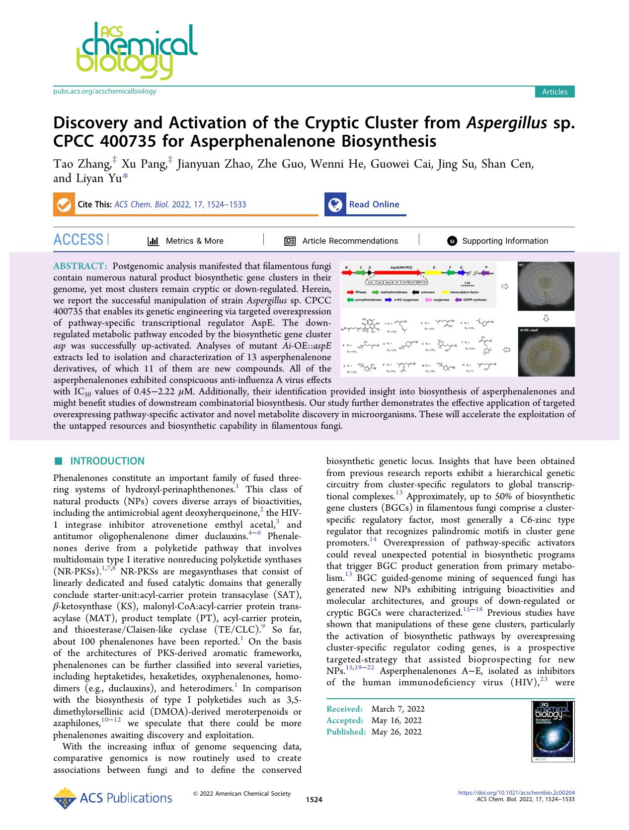 Discovery and Activation of the Cryptic Cluster from Aspergillus sp. CPCC 400735 for Asperphenalenone Biosynthesis by Tao Zhang Xu Pang Jianyuan Zhao Zhe Guo Wenni He Guowei Cai Jing Su Shan Cen and Liyan Yu