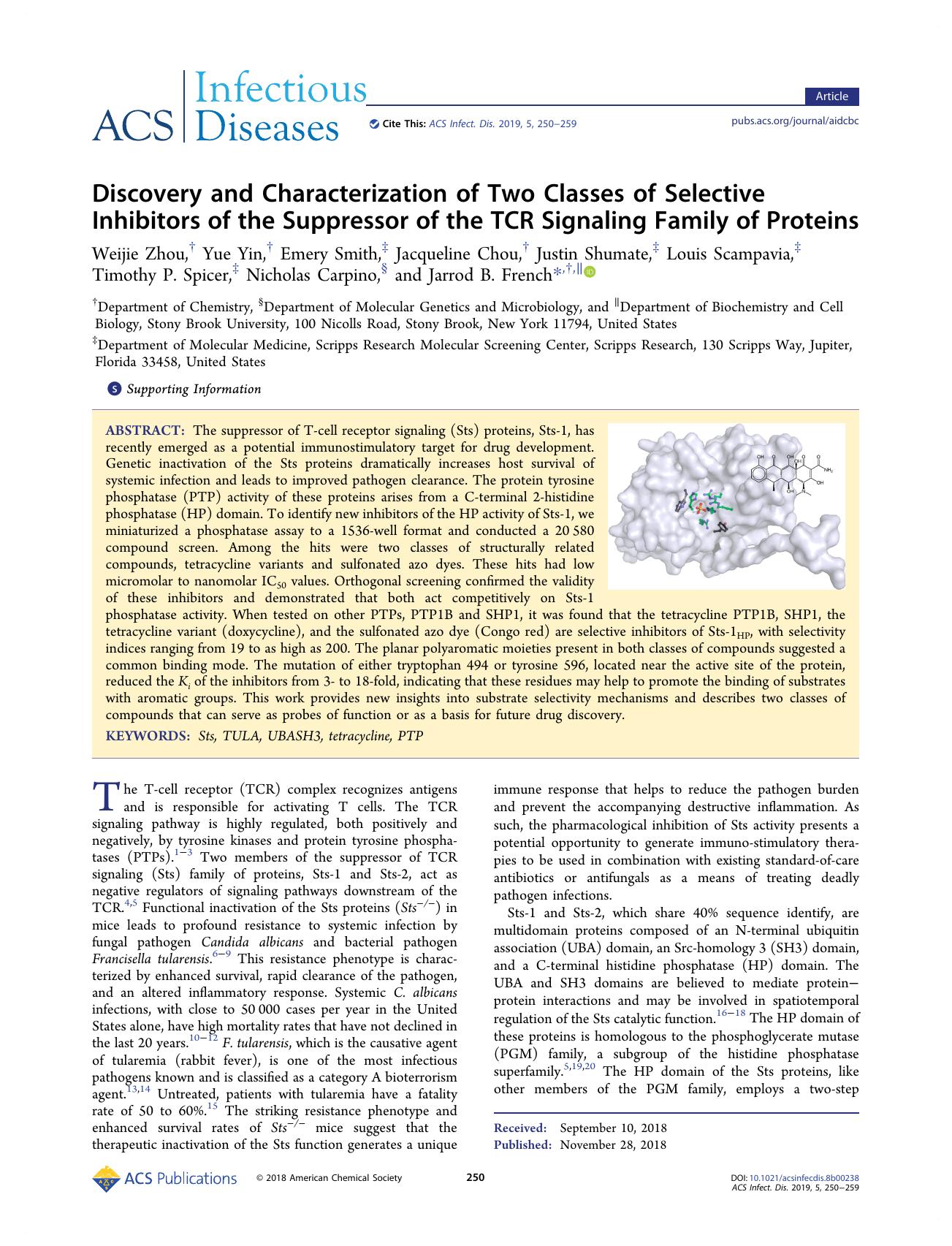 Discovery and Characterization of Two Classes of Selective Inhibitors of the Suppressor of the TCR Signaling Family of Proteins by unknow