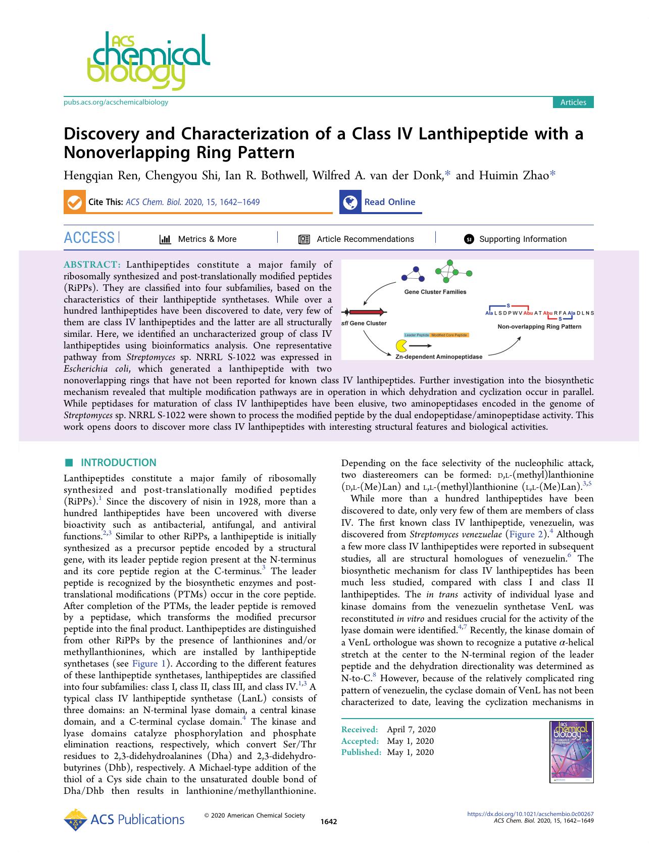 Discovery and Characterization of a Class IV Lanthipeptide with a Nonoverlapping Ring Pattern by Hengqian Ren Chengyou Shi Ian R. Bothwell Wilfred A. van der Donk and Huimin Zhao