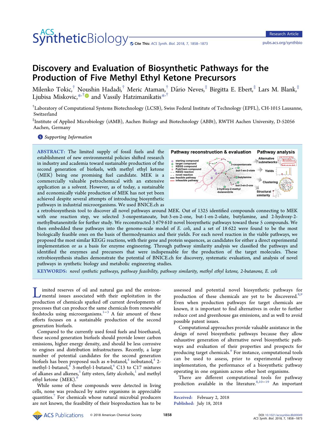 Discovery and Evaluation of Biosynthetic Pathways for the Production of Five Methyl Ethyl Ketone Precursors by unknow