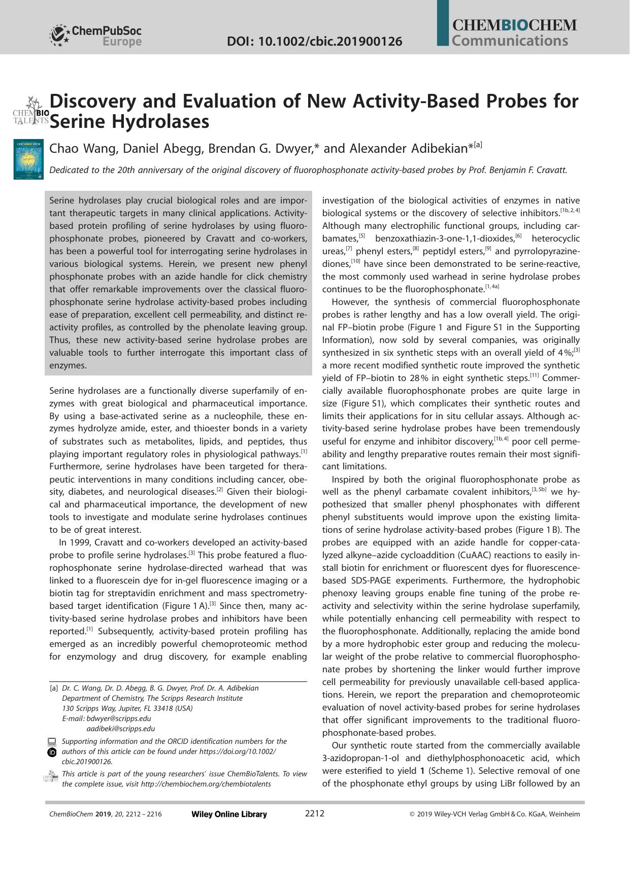 Discovery and Evaluation of New ActivityâBased Probes for Serine Hydrolases by Unknown