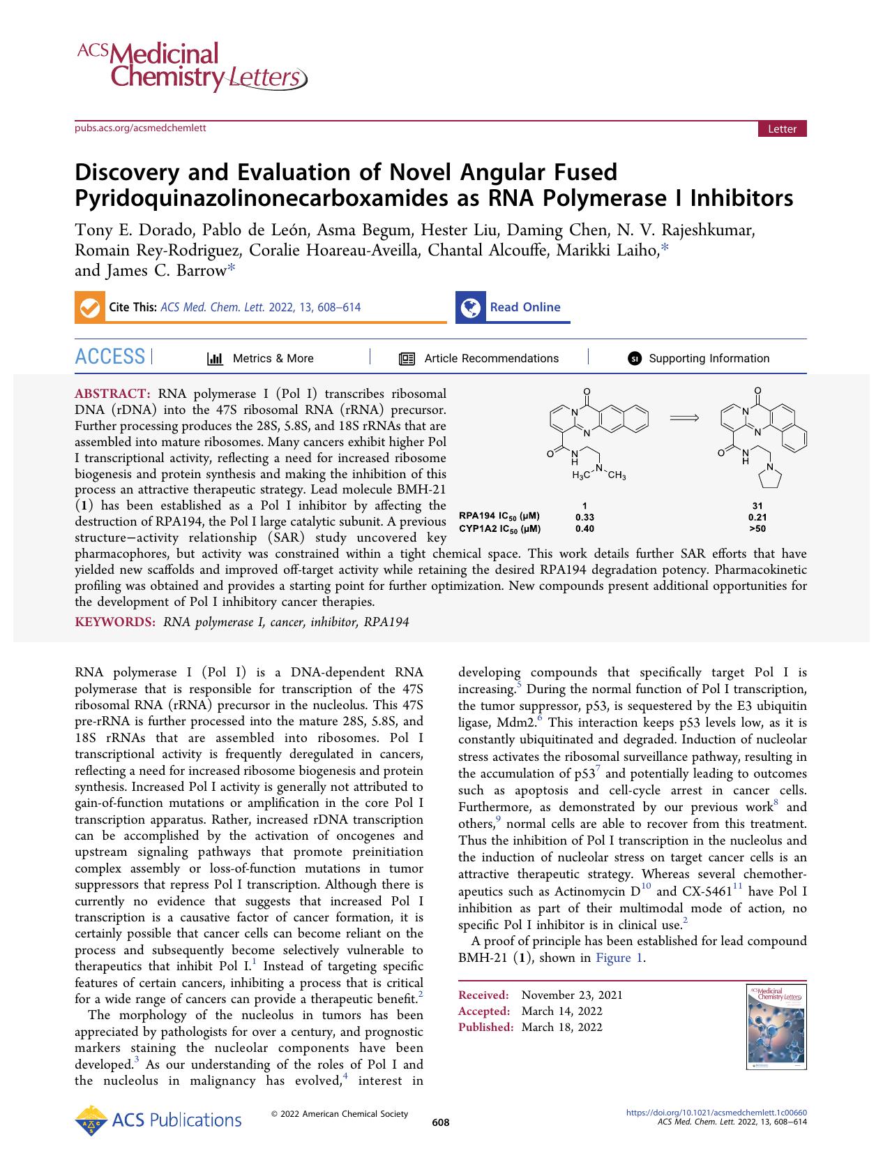 Discovery and Evaluation of Novel Angular Fused Pyridoquinazolinonecarboxamides as RNA Polymerase I Inhibitors by unknow