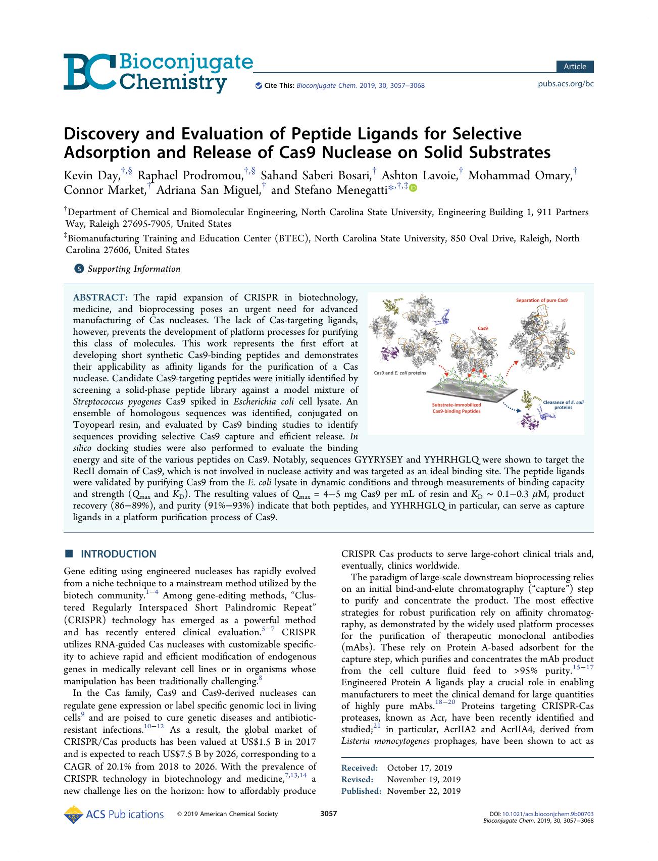 Discovery and Evaluation of Peptide Ligands for Selective Adsorption and Release of Cas9 Nuclease on Solid Substrates by unknow