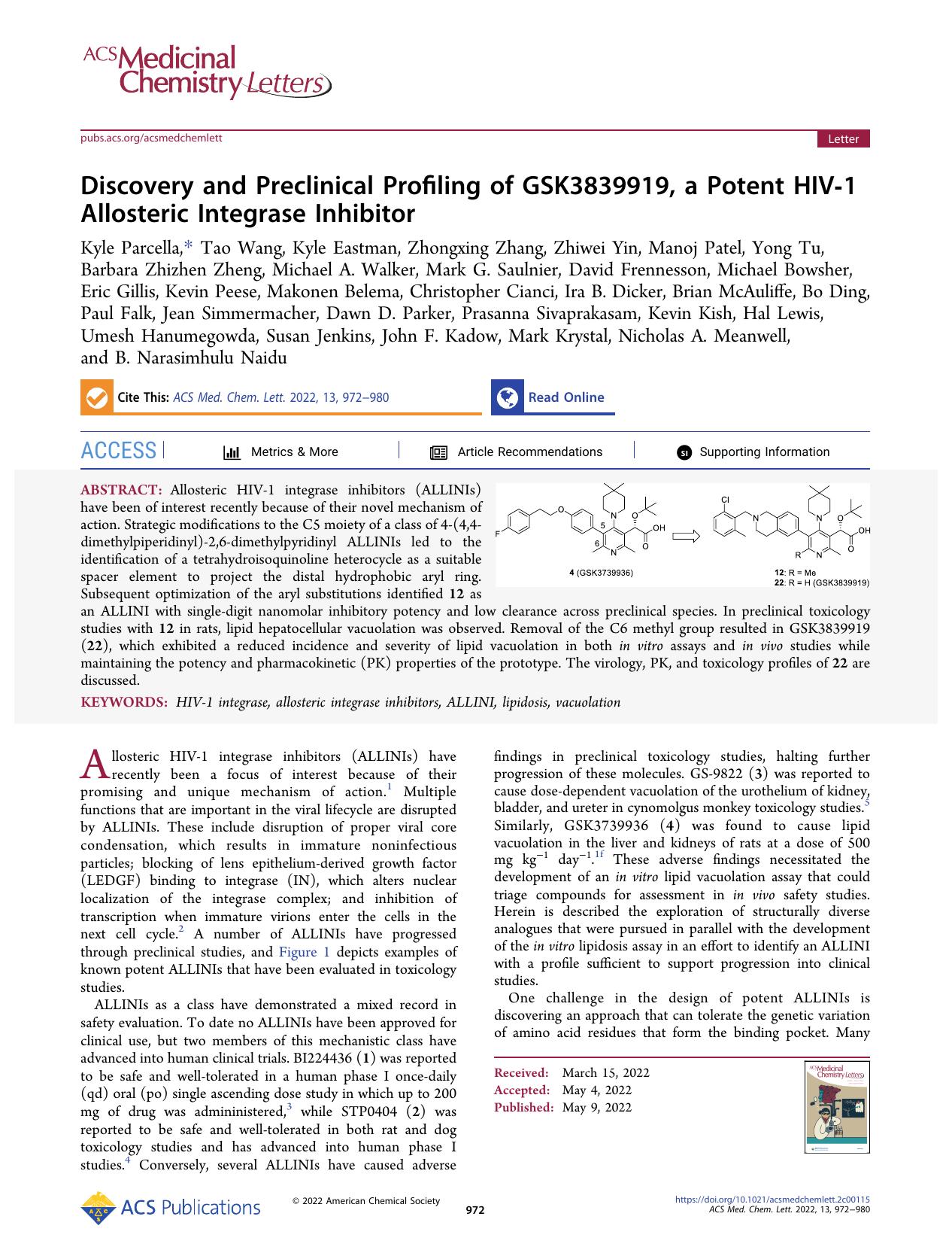 Discovery and Preclinical Profiling of GSK3839919, a Potent HIV-1 Allosteric Integrase Inhibitor by unknow