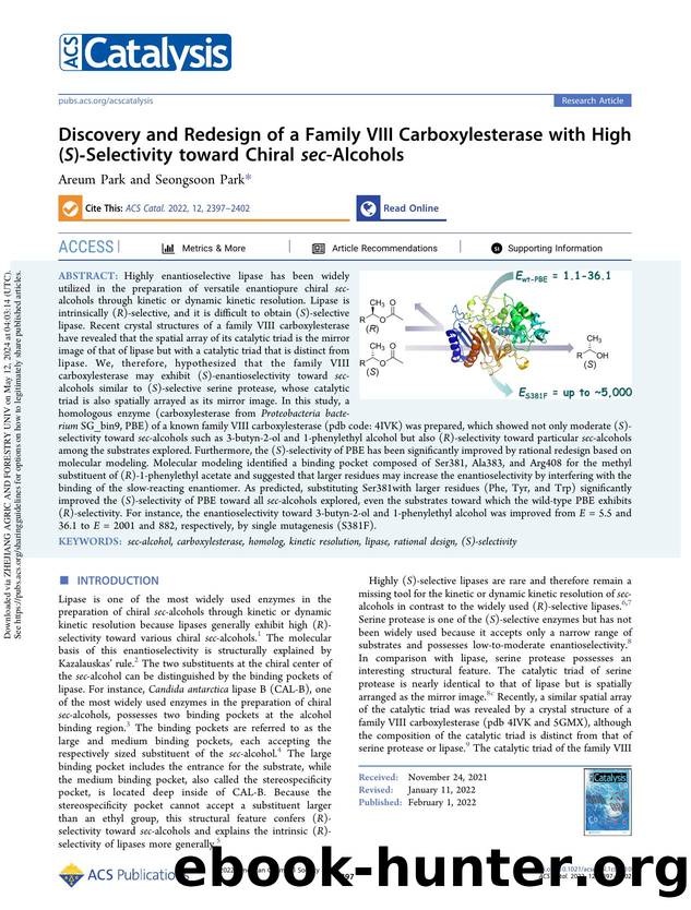 Discovery and Redesign of a Family VIII Carboxylesterase with High (S)-Selectivity toward Chiral sec-Alcohols by Areum Park & Seongsoon Park