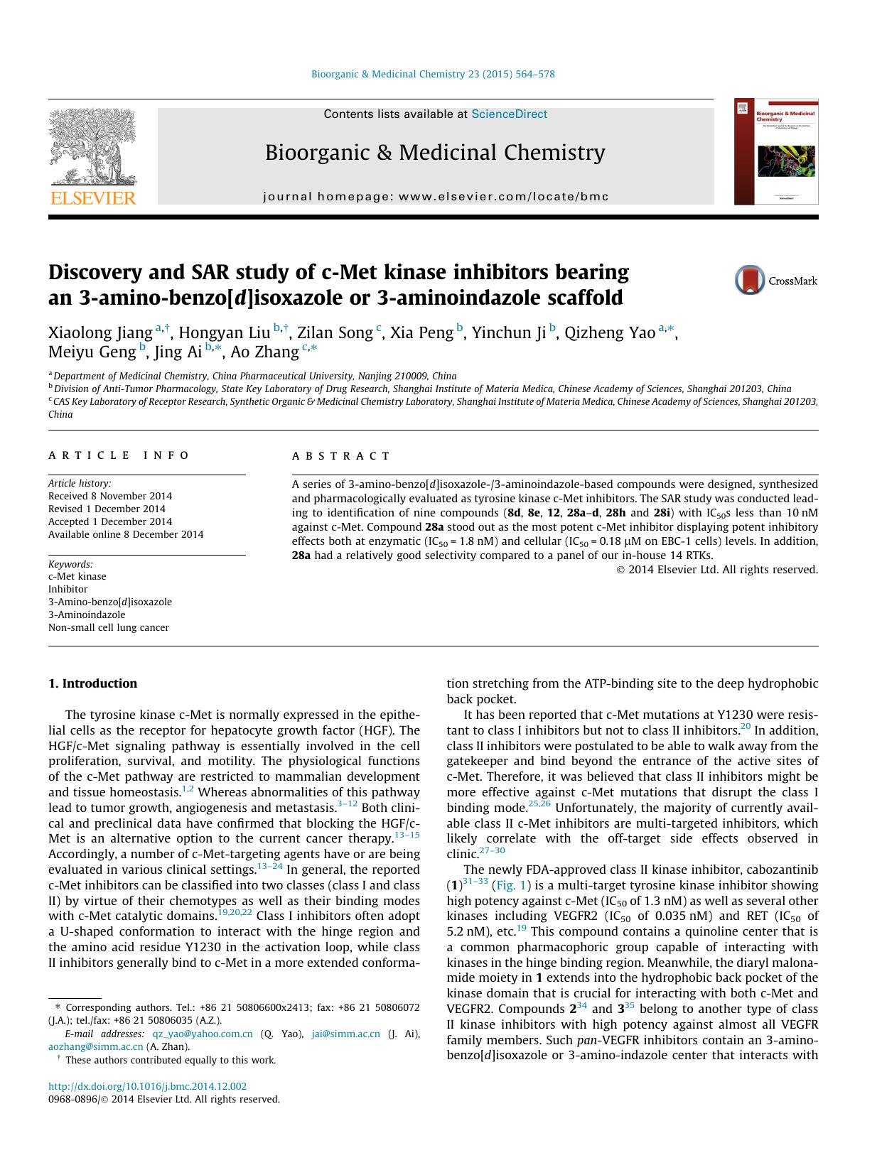Discovery and SAR study of c-Met kinase inhibitors bearing an 3-amino-benzo[d]isoxazole or 3-aminoindazole scaffold by unknow