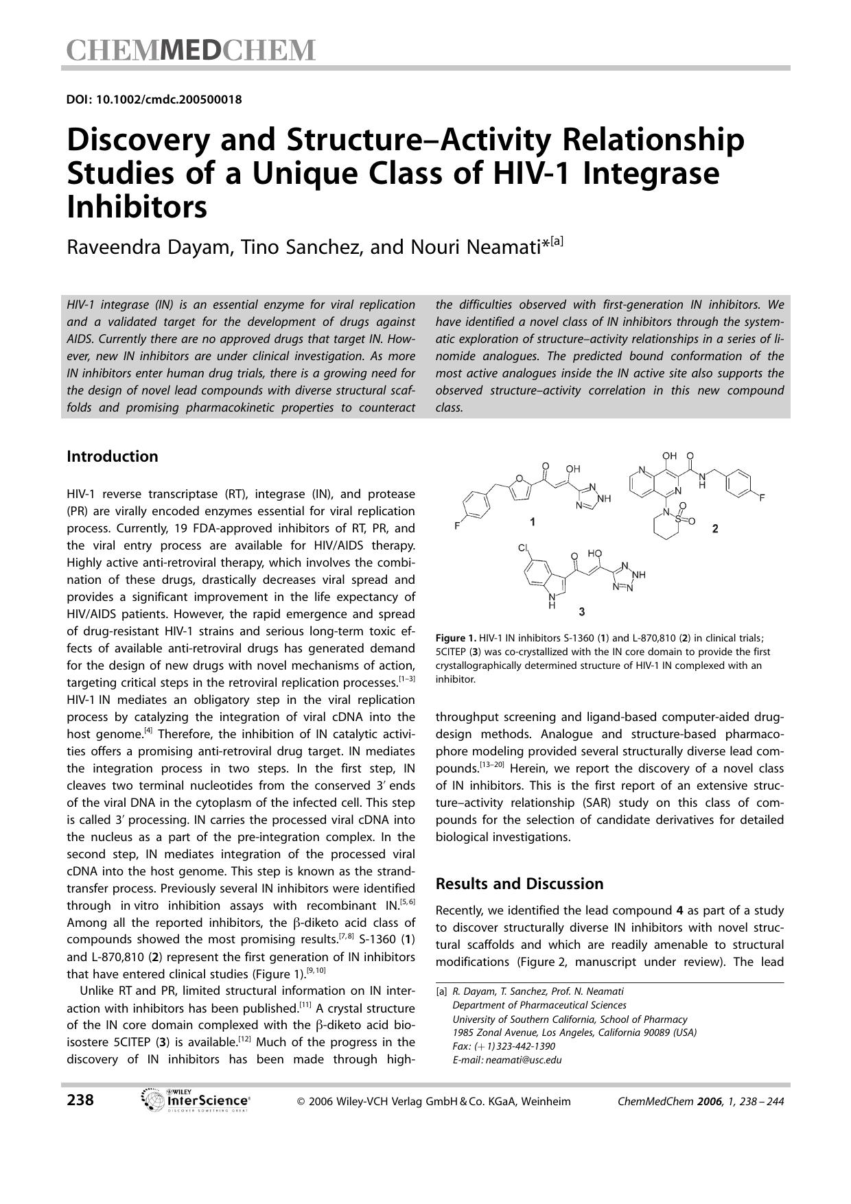 Discovery and Structure-Activity Relationship Studies of a Unique Class of HIV-1 Integrase Inhibitors by Unknown