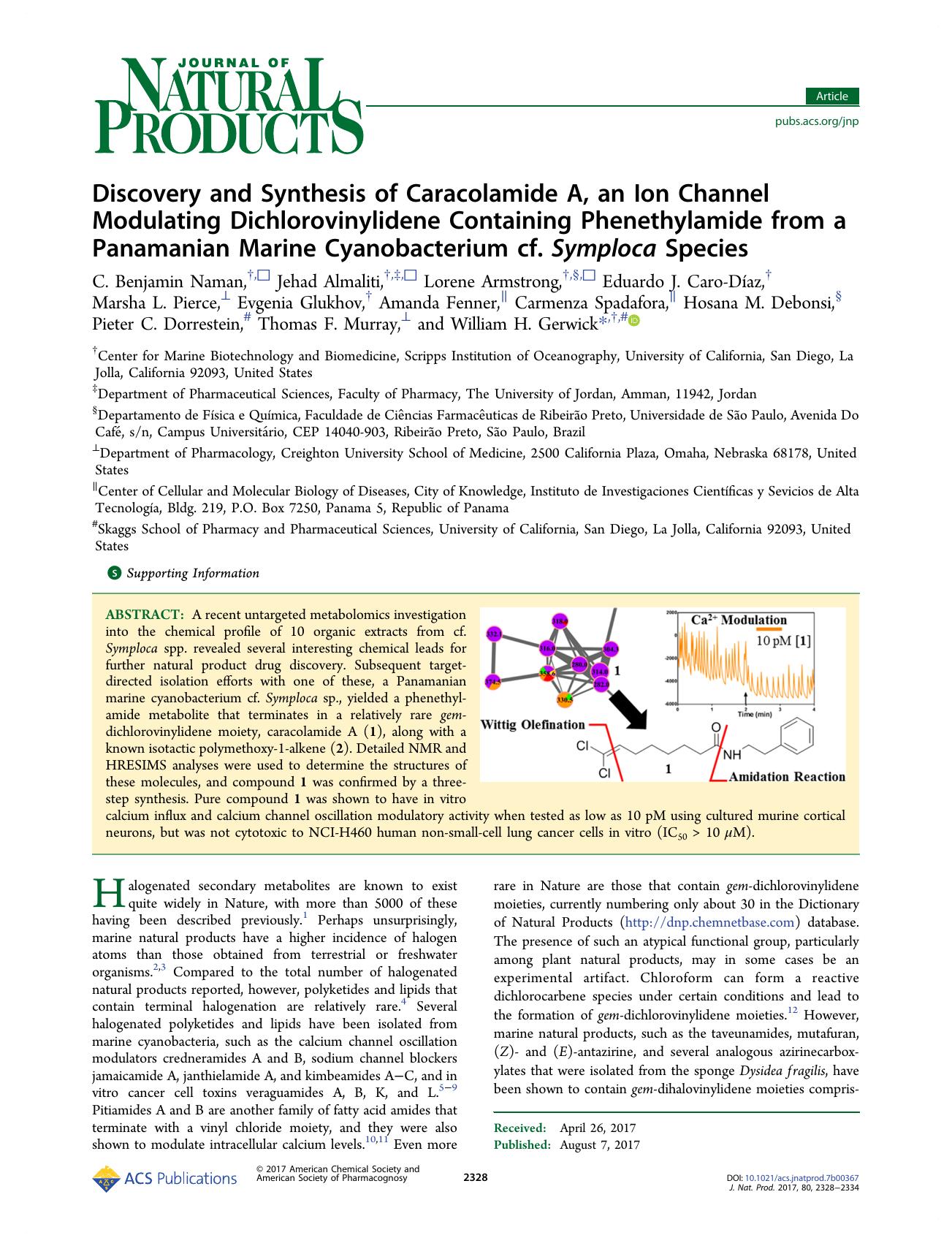 Discovery and Synthesis of Caracolamide A, an Ion Channel Modulating Dichlorovinylidene Containing Phenethylamide from a Panamanian Marine Cyanobacterium cf. Symploca Species by unknow