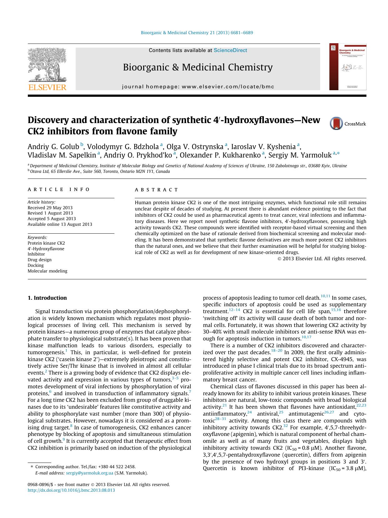Discovery and characterization of synthetic 4â²-hydroxyflavonesâNew CK2 inhibitors from flavone family by unknow