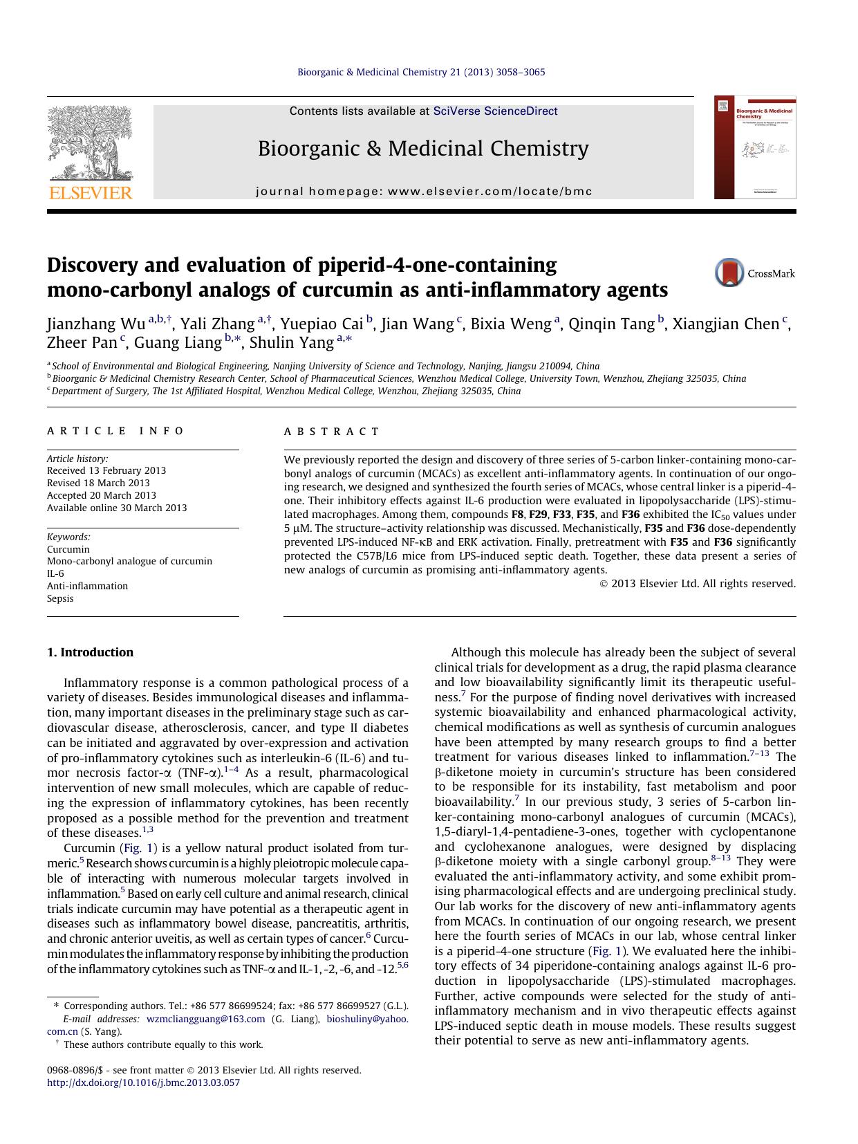 Discovery and evaluation of piperid-4-one-containing mono-carbonyl analogs of curcumin as anti-inflammatory agents by unknow