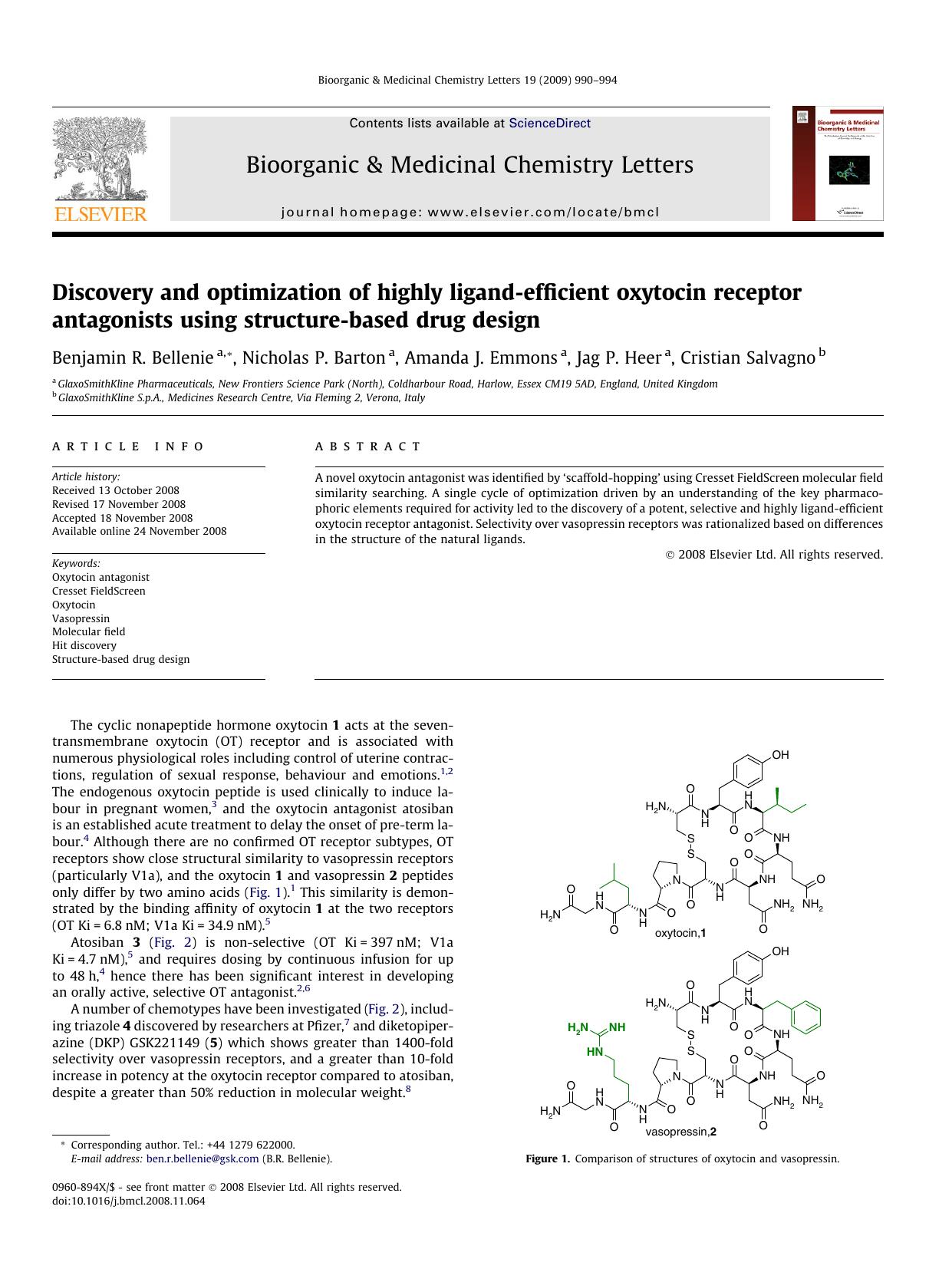 Discovery and optimization of highly ligand-efficient oxytocin receptor antagonists using structure-based drug design by Benjamin R. Bellenie; Nicholas P. Barton; Amanda J. Emmons; Jag P. Heer; Cristian Salvagno