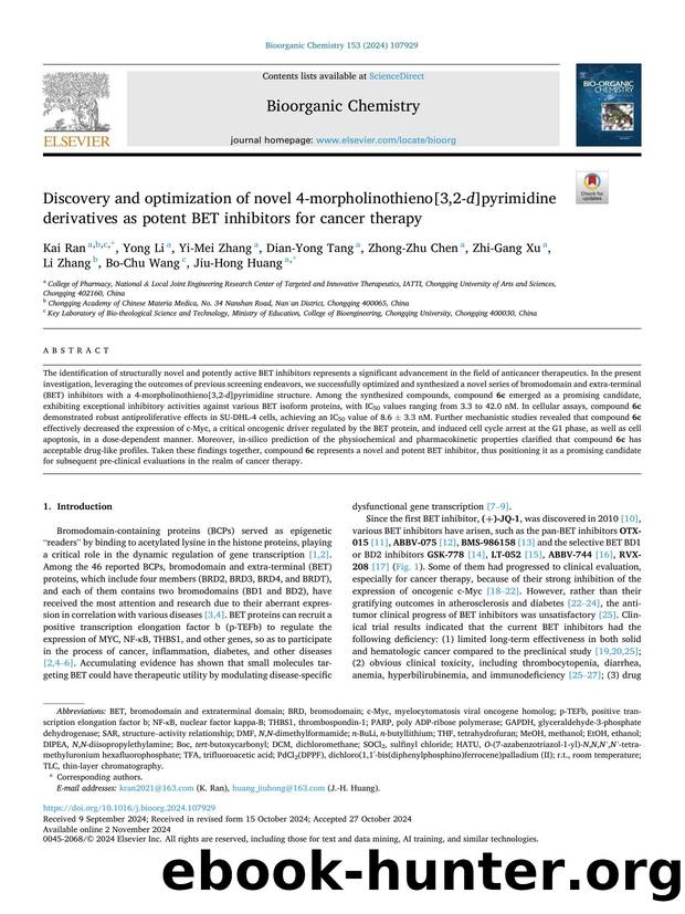 Discovery and optimization of novel 4-morpholinothieno[3,2- d ]pyrimidine derivatives as potent BET inhibitors for cancer therapy by unknow