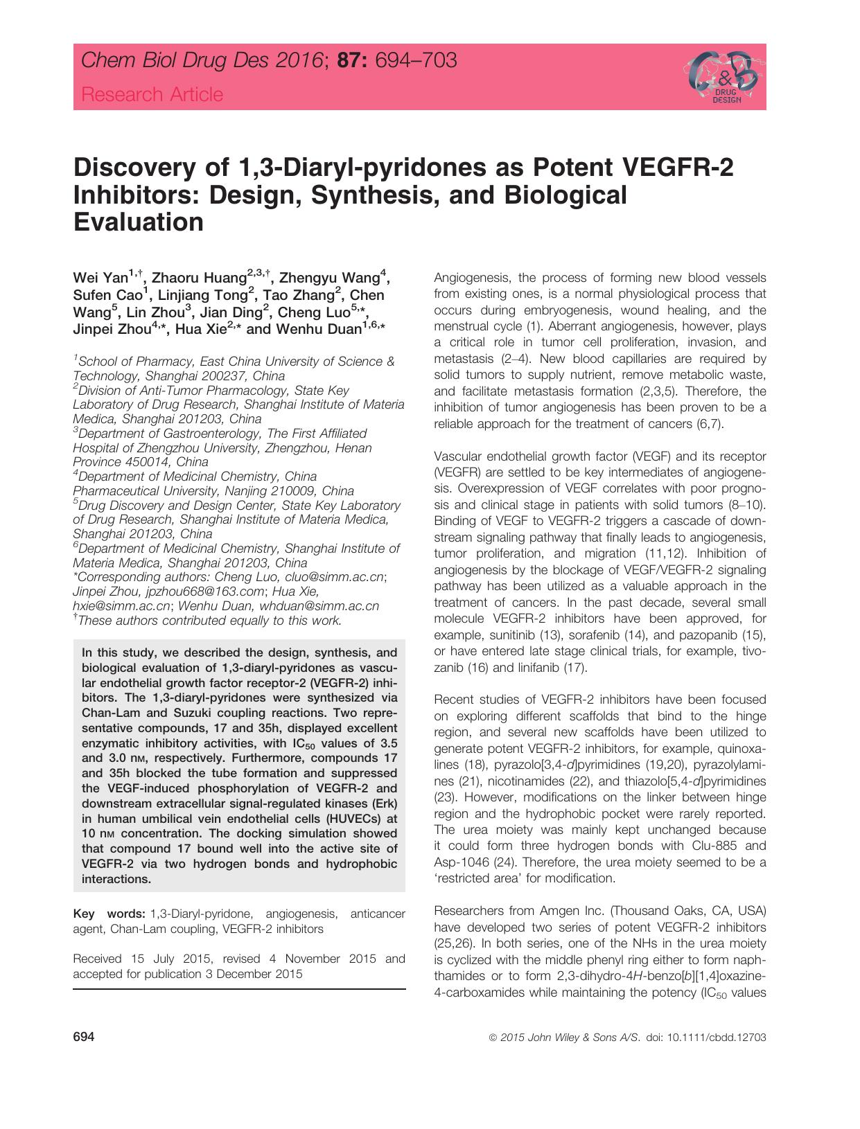 Discovery of 1,3‐Diaryl‐pyridones as Potent VEGFR‐2 Inhibitors: Design, Synthesis, and Biological Evaluation by unknow