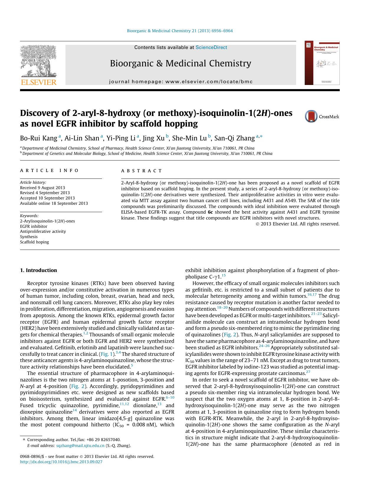 Discovery of 2-aryl-8-hydroxy (or methoxy)-isoquinolin-1(2H)-ones as novel EGFR inhibitor by scaffold hopping by Bo-Rui Kang & Ai-Lin Shan & Yi-Ping Li & Jing Xu & She-Min Lu & San-Qi Zhang