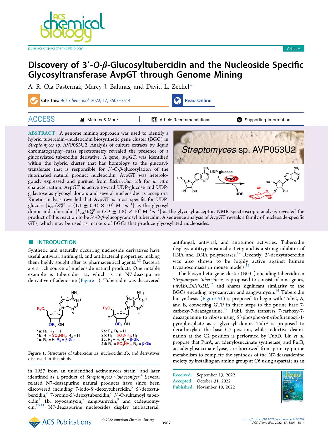 Discovery of 3â²-O-Î²-Glucosyltubercidin and the Nucleoside Specific Glycosyltransferase AvpGT through Genome Mining by A. R. Ola Pasternak Marcy J. Balunas and David L. Zechel