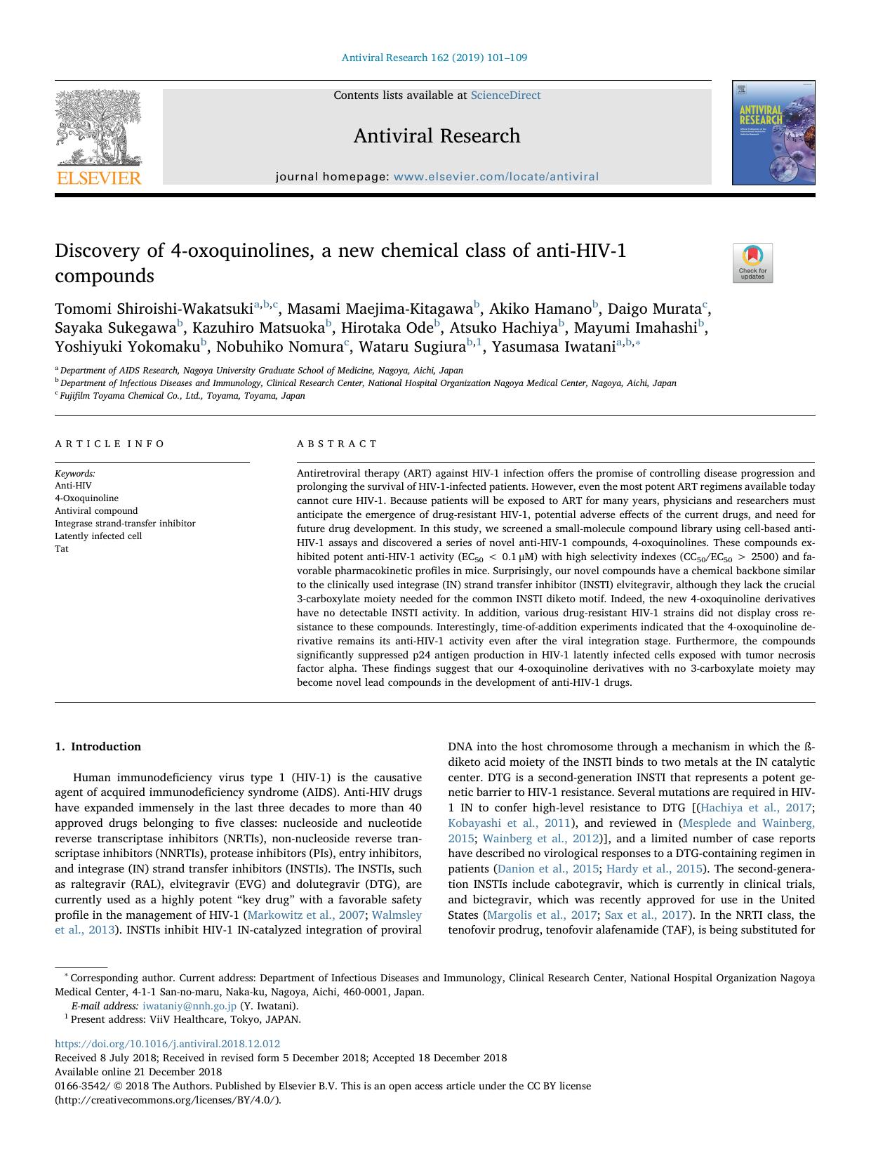 Discovery of 4-oxoquinolines, a new chemical class of anti-HIV-1 compounds by unknow