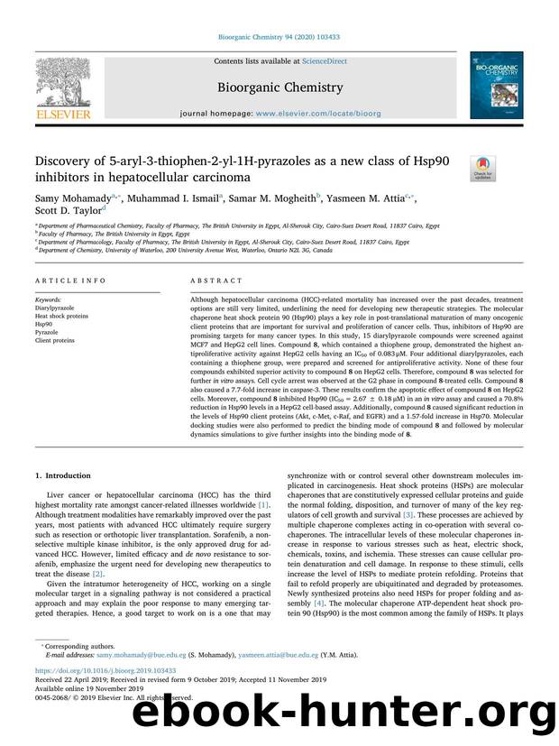 Discovery of 5-aryl-3-thiophen-2-yl-1H-pyrazoles as a new class of Hsp90 inhibitors in hepatocellular carcinoma by Samy Mohamady & Muhammad I. Ismail & Samar M. Mogheith & Yasmeen M. Attia & Scott D. Taylor