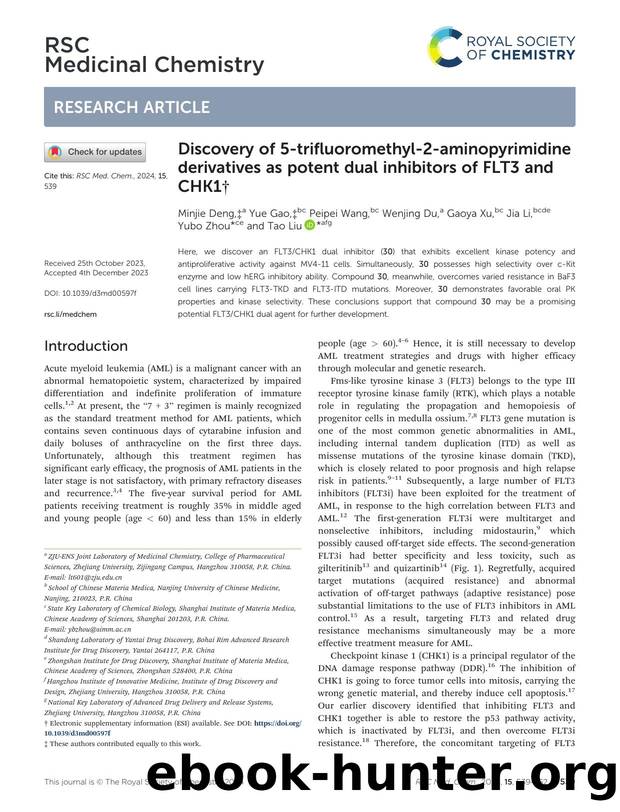 Discovery of 5-trifluoromethyl-2-aminopyrimidine derivatives as potent dual inhibitors of FLT3 and CHK1 by Minjie Deng & Yue Gao & Peipei Wang & Wenjing Du & Gaoya Xu & Jia Li & Yubo Zhou & Tao Liu