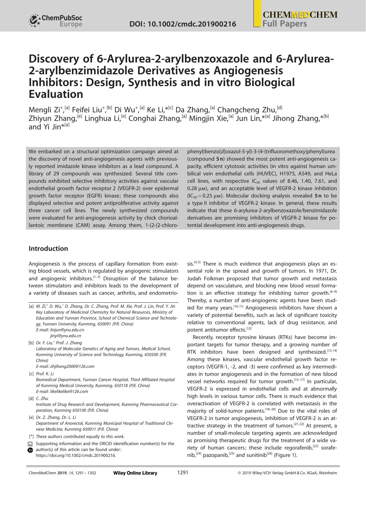 Discovery of 6âArylureaâ2âarylbenzoxazole and 6âArylureaâ2âarylbenzimidazole Derivatives as Angiogenesis Inhibitors: Design, Synthesis and inâvitro Biological Evaluation by Unknown