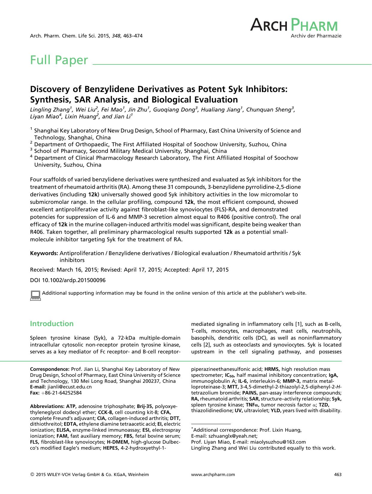 Discovery of Benzylidene Derivatives as Potent Syk Inhibitors: Synthesis, SAR Analysis, and Biological Evaluation by Unknown