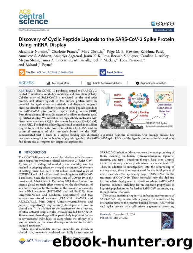Discovery of Cyclic Peptide Ligands to the SARS-CoVâ2 Spike Protein Using mRNA Display by unknow