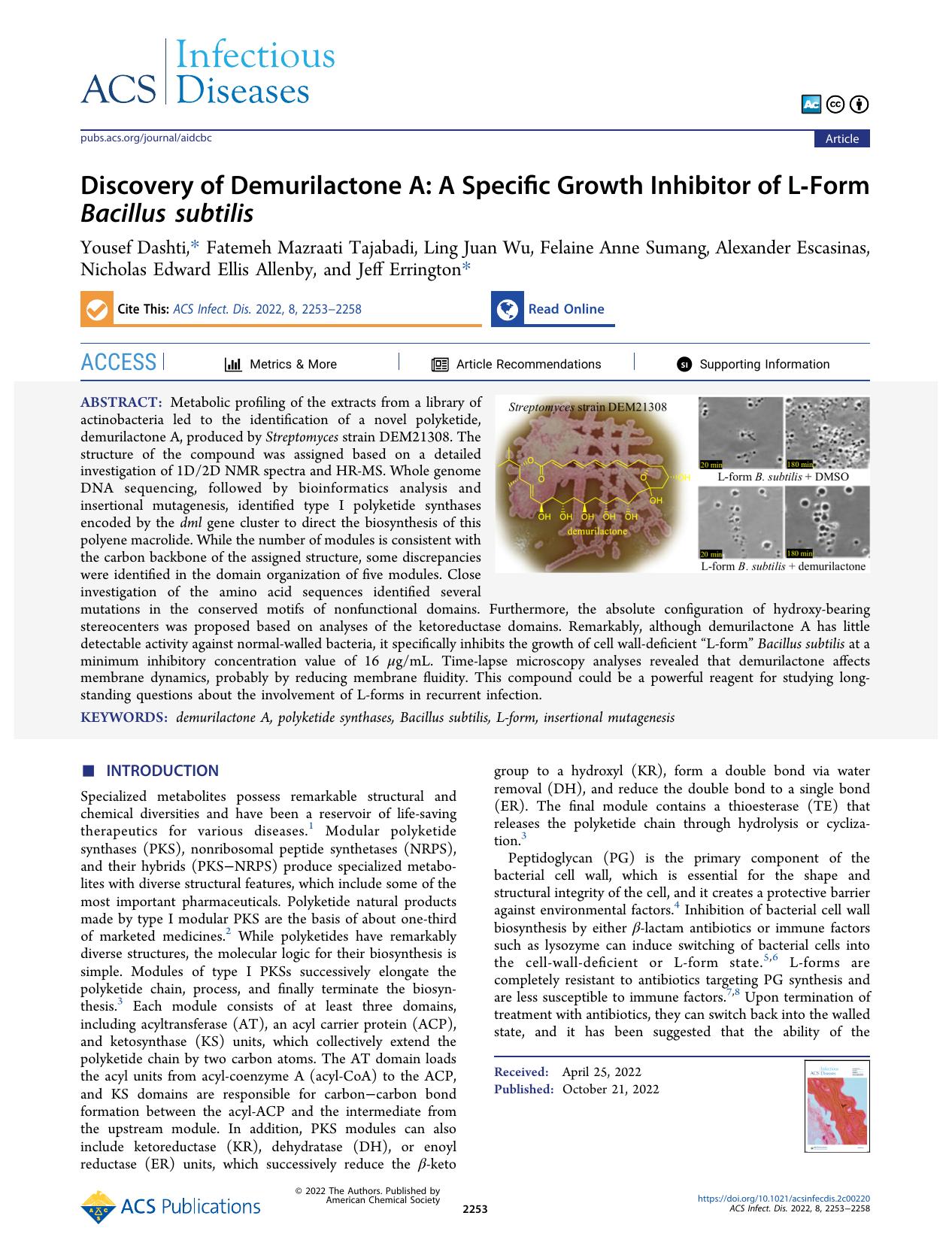 Discovery of Demurilactone A: A Specific Growth Inhibitor of L-Form Bacillus subtilis by unknow