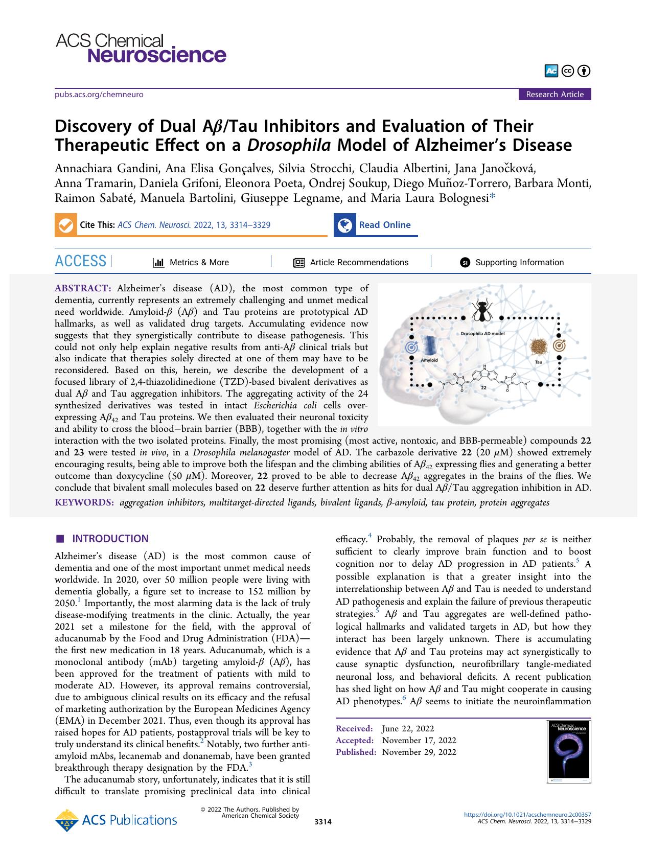 Discovery of Dual AÎ²Tau Inhibitors and Evaluation of Their Therapeutic Effect on a Drosophila Model of Alzheimerâs Disease by unknow