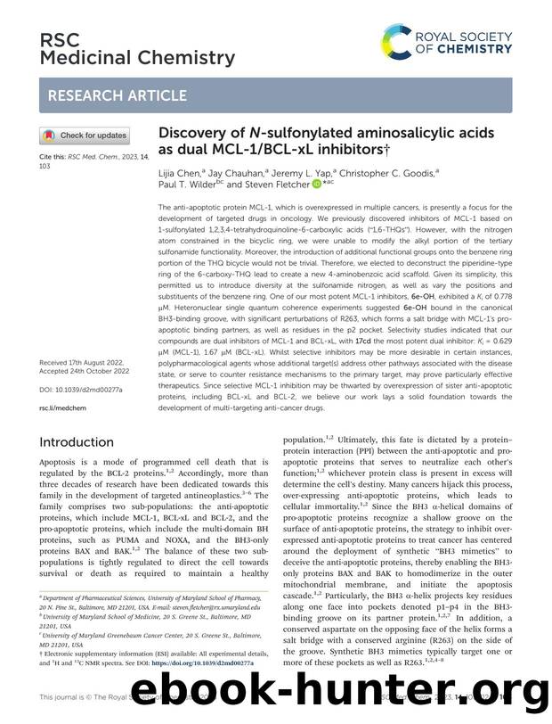Discovery of N-sulfonylated aminosalicylic acids as dual MCL-1BCL-xL inhibitors by Lijia Chen & Jay Chauhan & Jeremy L. Yap & Christopher C. Goodis & Paul T. Wilder & Steven Fletcher