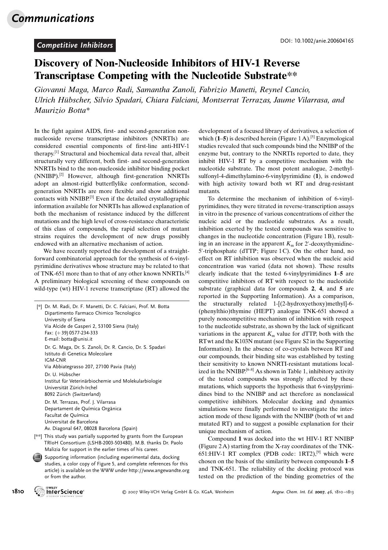 Discovery of Non-Nucleoside Inhibitors of HIV-1 Reverse Transcriptase Competing with the Nucleotide Substrate by Unknown