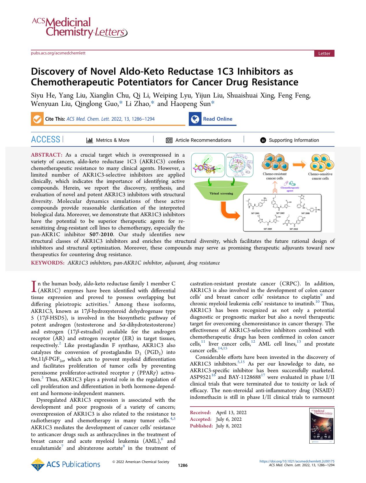 Discovery of Novel Aldo-Keto Reductase 1C3 Inhibitors as Chemotherapeutic Potentiators for Cancer Drug Resistance by unknow