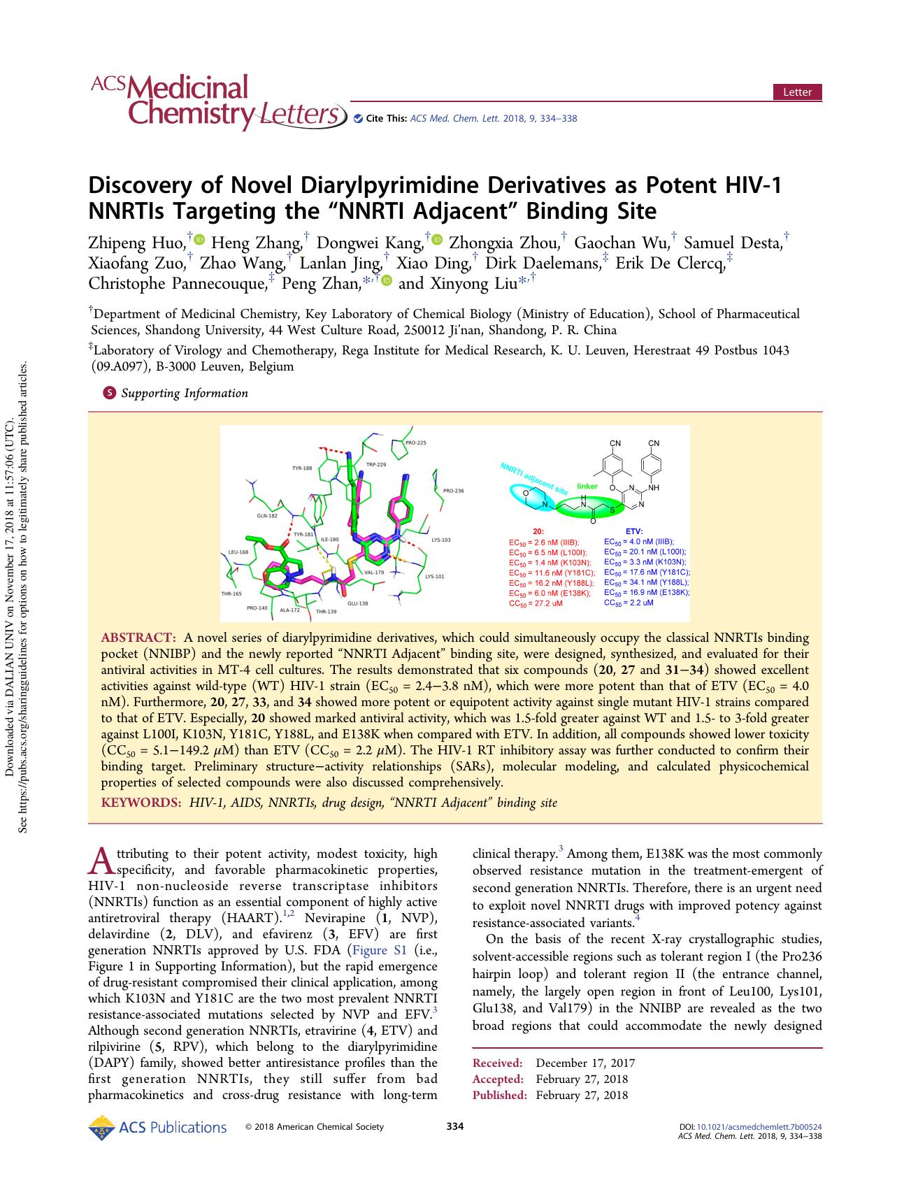 Discovery of Novel Diarylpyrimidine Derivatives as Potent HIV-1 NNRTIs Targeting the âNNRTI Adjacentâ Binding Site by unknow