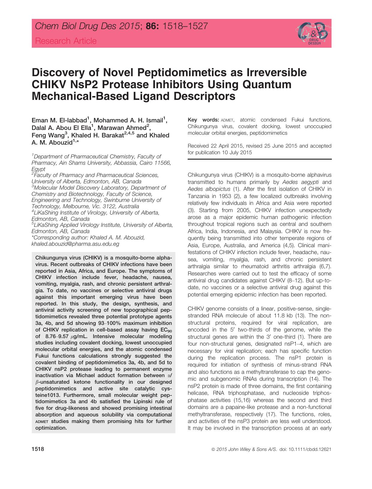 Discovery of Novel Peptidomimetics as Irreversible CHIKV NsP2 Protease Inhibitors Using Quantum Mechanical&#x2010;Based Ligand Descriptors by unknow