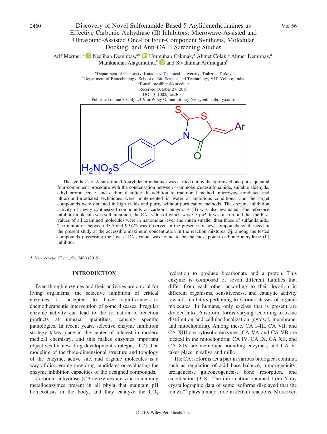 Discovery of Novel Sulfonamide-Based 5-Arylidenerhodanines as Effective Carbonic Anhydrase (II) Inhibitors: Microwave-Assisted and Ultrasound-Assisted One-Pot Four-Component Synthe by unknow