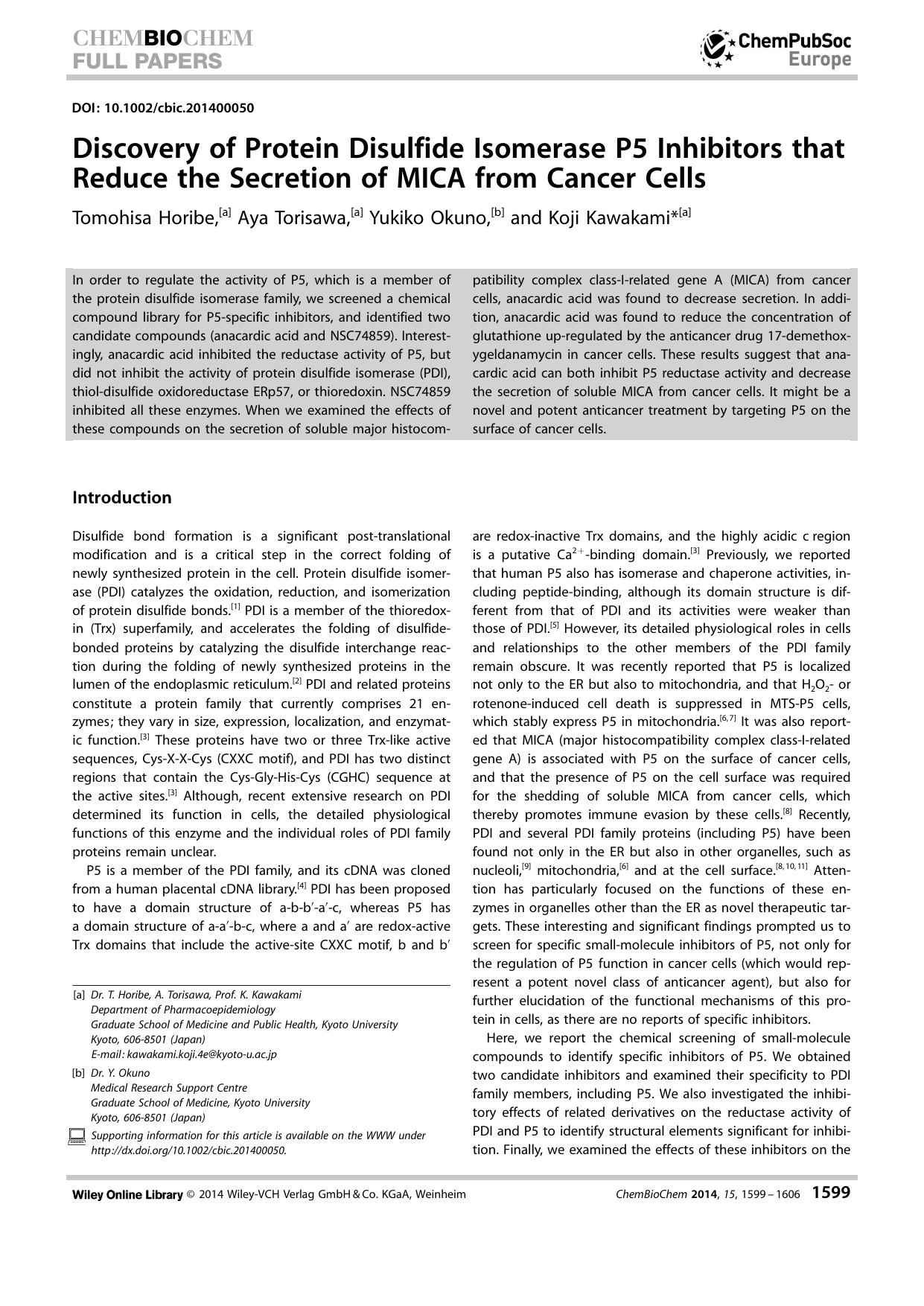 Discovery of Protein Disulfide Isomerase P5 Inhibitors that Reduce the Secretion of MICA from Cancer Cells by Unknown