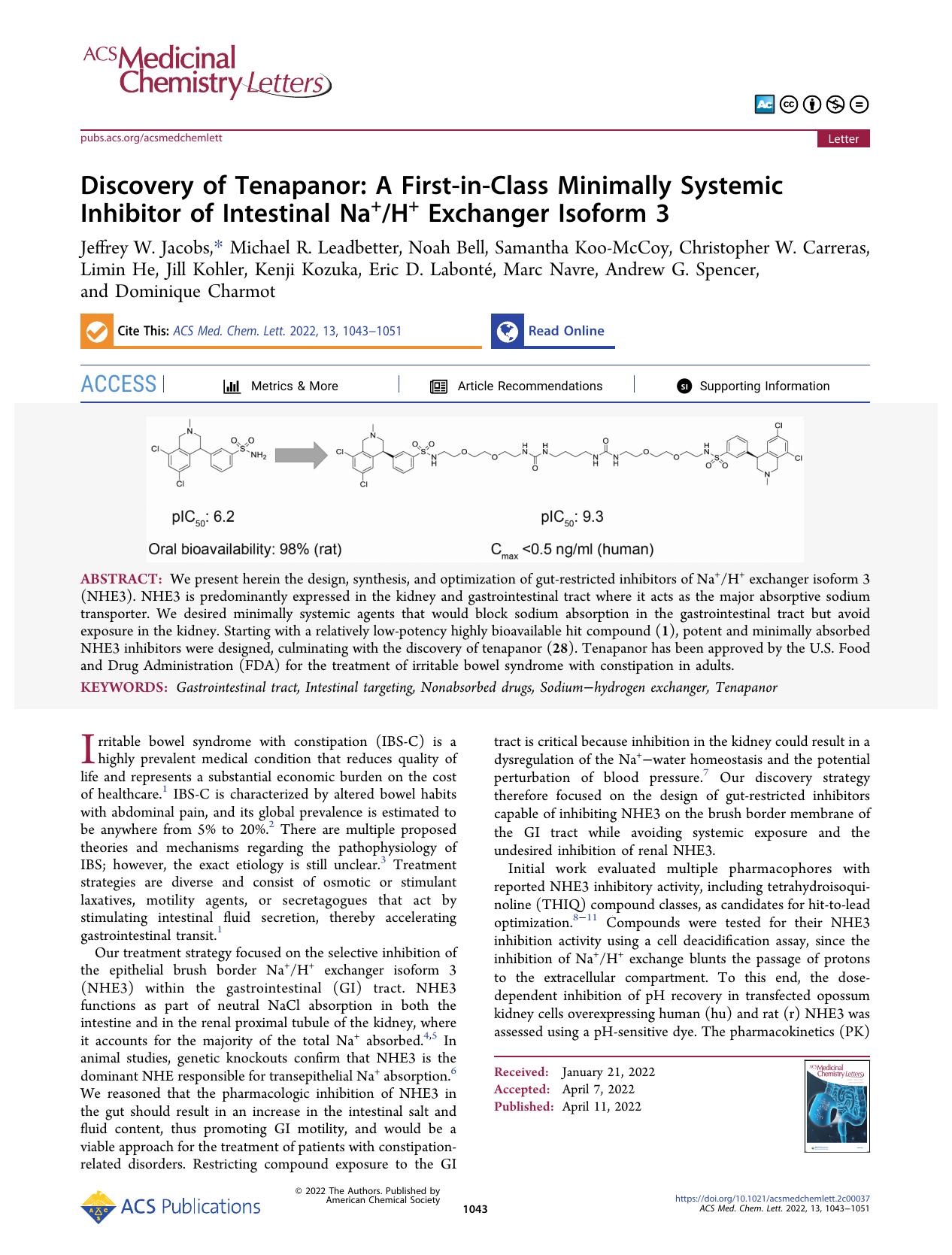 Discovery of Tenapanor: A First-in-Class Minimally Systemic Inhibitor of Intestinal Na+H+ Exchanger Isoform 3 by unknow