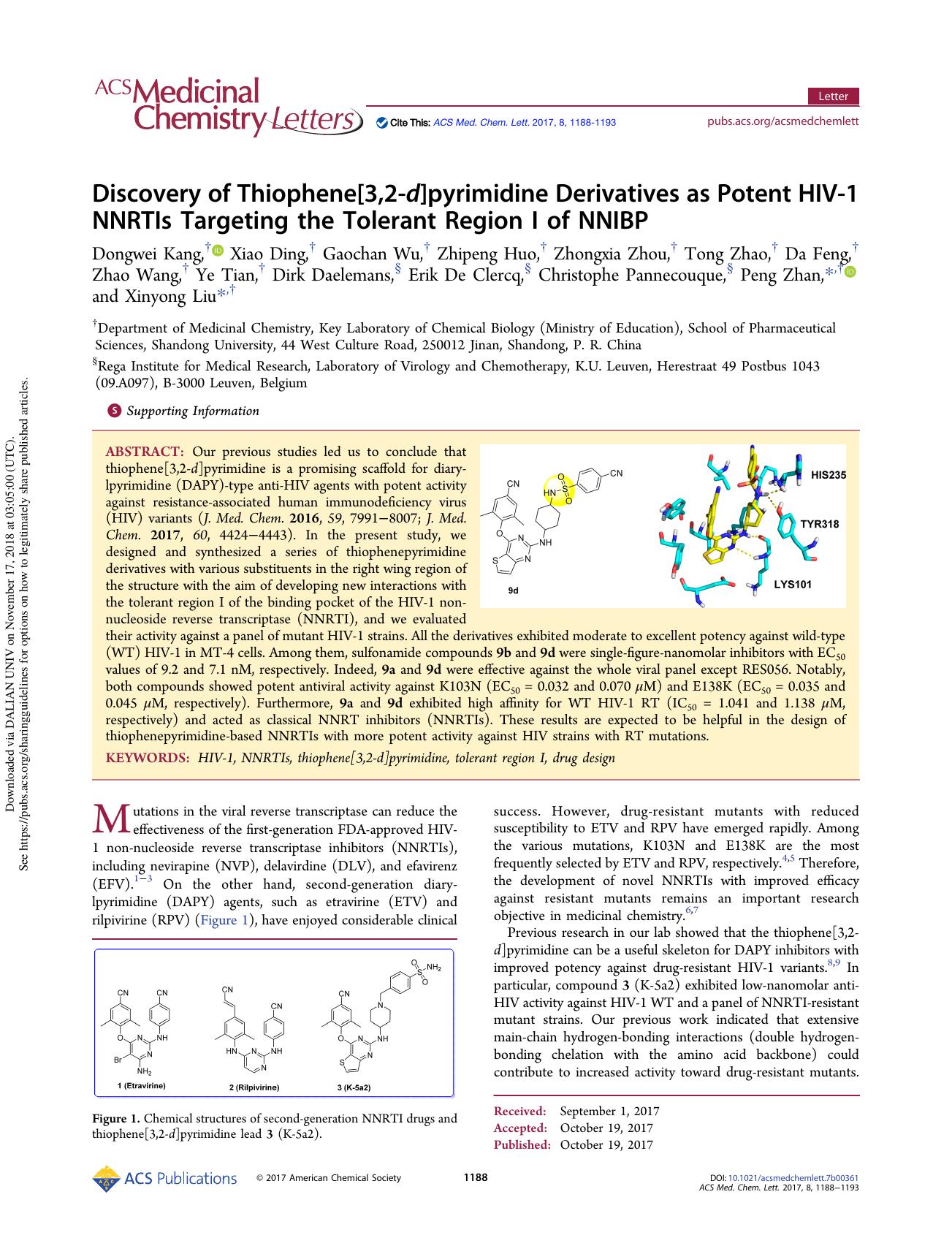 Discovery of Thiophene[3,2-d]pyrimidine Derivatives as Potent HIV-1 NNRTIs Targeting the Tolerant Region I of NNIBP by unknow